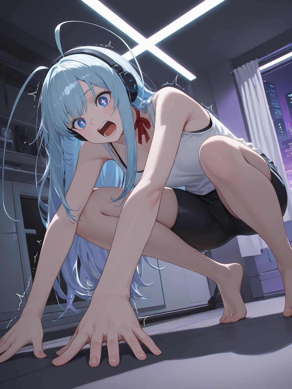 anime style, best possible quality, futuristic room woman of random ethnicity, just in panties and bra, locked in the room dancing, doors and windows locked, led light, music player with playlist projected on the wall, she sings while holding a hairbrush close to her mouth, she smiles and has fun
