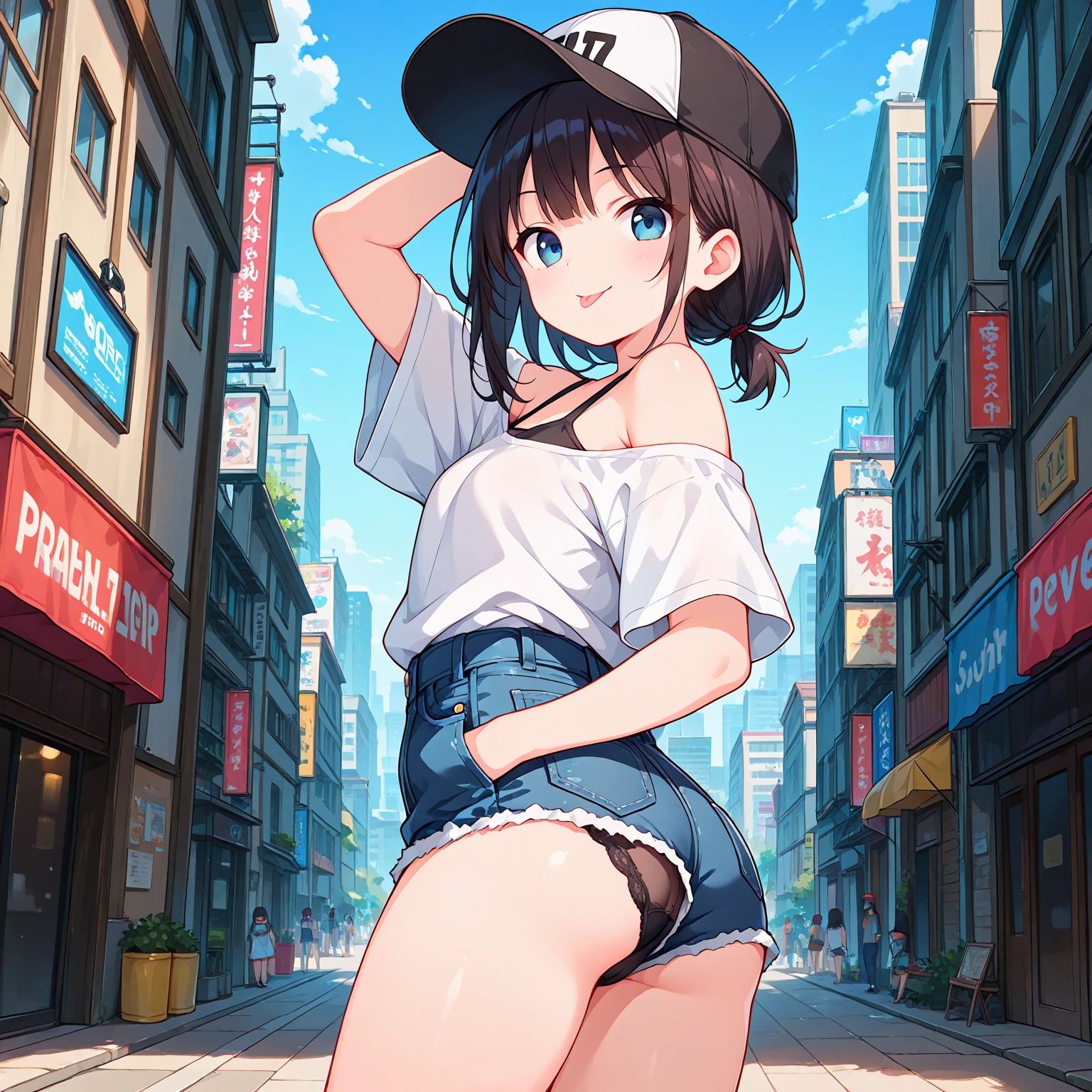 (masterpiece, highest quality:1.2),nsfw,1 cowboy shot,girl,18 year old beauty、solo,ponytail hair,dark purple hair,slender body,skinny,medium breasts,oily skin,shiny skin,Police uniform、light blue shirt,With collar、Short sleeve、Black quatting,on street,Shibuya、Tokyo、