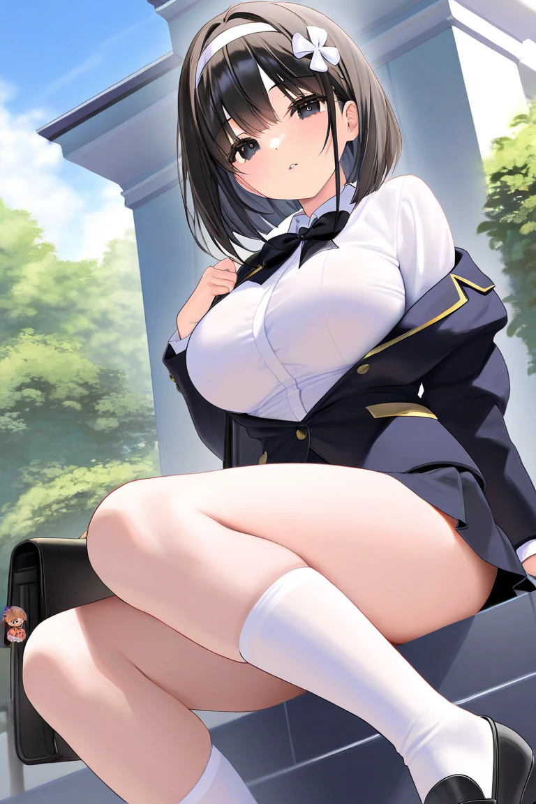, (Spread your legs)、 (White panties), Female police officer, Blue Uniform、Mini Skirt Police、White shirt, sunny, Mature Woman, Anime Cel Style, Highest quality, High resolution, One Girl, (Large Breasts:1.2), Beautiful Face, Beautiful fingers, Beautiful long legs, Beautiful body, Beautiful Nose, Beautiful character design, Black Hair, bangs, black eye,short hair、 Show Viewer, Cowboy Shot, blush、Embarrassed look、Nipples are visible、 、