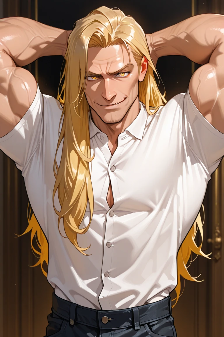 Young guy, long blonde hair, red eyes, red open shirt, open chest, smirk, masterpiece, high quality