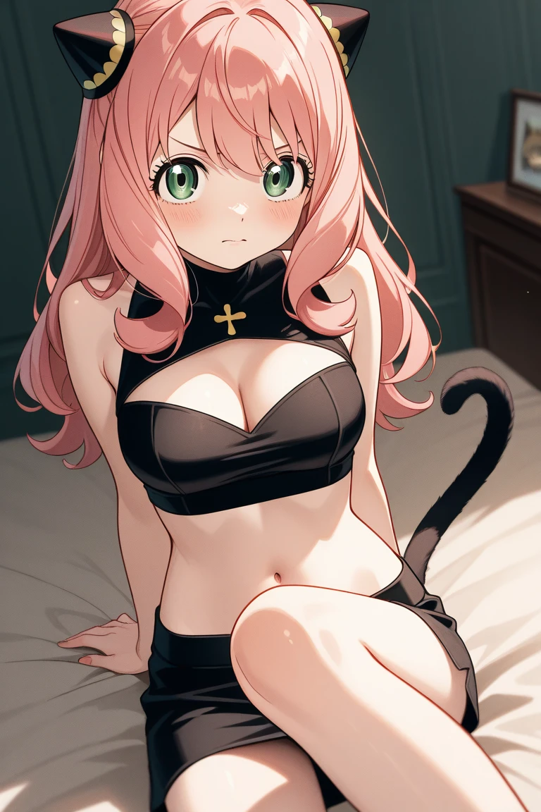 realisitic、top-quality、1girl in,Cat's ears, Nurse Cap ,From  above、 Pink short hair、Saliva、((Heart shaped pupils)) orgasm、Pink Sequin Bikini ,black PVC gloves ,Big breasts、wariza