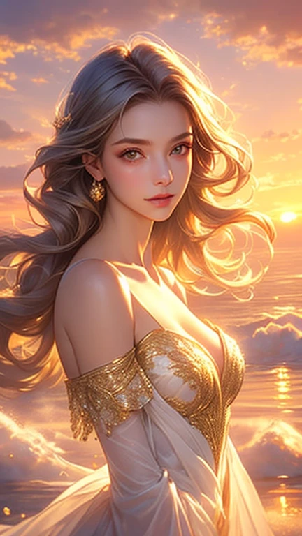 Full shot body photo, illustration, cinematic light, fantasy, highest quality, best quality, masterpiece, (face fine), tall and sexy gold coin dress, sparkling sandy beach, floating embers, golden hair jewelry, golden light reflecting the sun's rays, (focus on body: 1.25), clear blue sky, desert and sea background, long curly hair, golden eyes release of magical energy , Dark Reflection, Light Reflection --s2
