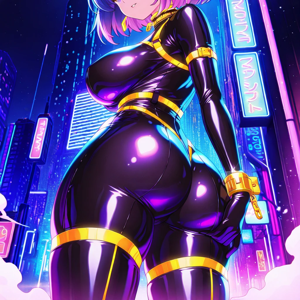 ultra realistic 8k cg, masterpiece, ((ultra detailed background, intricate detail, highly detailed, fine details best quality, hyperdetailed face)), gigantic breasts ,beautiful lighting, absurdres, BoaHancockV2, 1girl, solo, (magenta hair: 1.4), long hair, jewelry, closed mouth, ), (Spider-gwen costume, curvy, shiny clothes), magenta eyes, complex detailed background, outside, standing on top of buildings at night), ((cowboy shot)), curvy, (gigantic breasts: 1.1), seductive smile, cowboy shot, curvy ass, big butt, bubble butt,