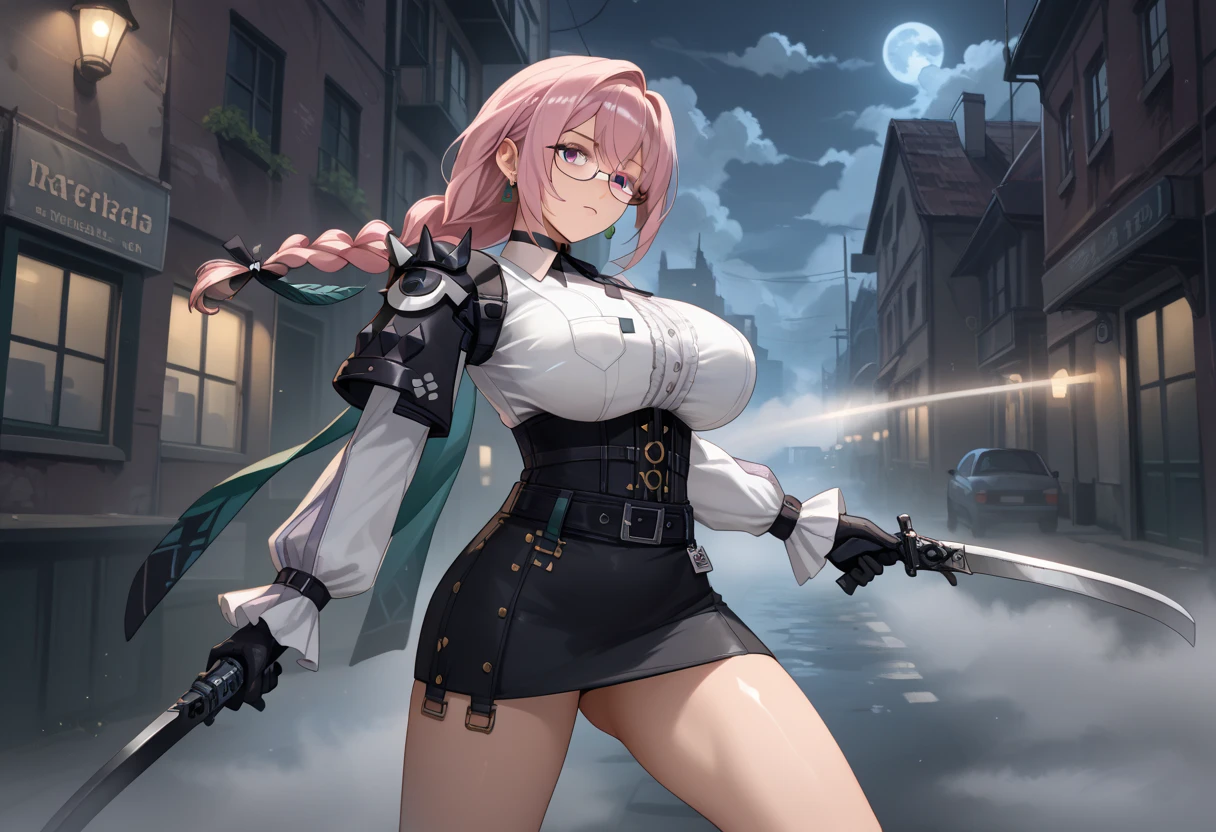 (hero neisan art style:0.7), (hews art style:0.7), score_9, score_8_up, score_7_up, score_6_up, score_5_up, score_4_up, uncensored, miyamoto musashi, pink hair, earrings, ponytail, asymmetrical hair, swept bangs, blue eyes, BREAK (masterpiece:1.2), best quality, high resolution, (detailed eyes:1.3), perfect lighting, (perfect hands, perfect anatomy), moolight, falling flower, umbrella, alleyway, 1girl, solo, red umbrella, stomach, breasts, black choker, shorts, navel, umbrella, black shorts, midriff, choker, short shorts, standing, gloves, crop top, large breasts, black gloves, holding, thighs, boots, white coat, coat, looking at viewer, oil-paper umbrella, cleavage, holding umbrella, flower, single bare shoulder, black footwear