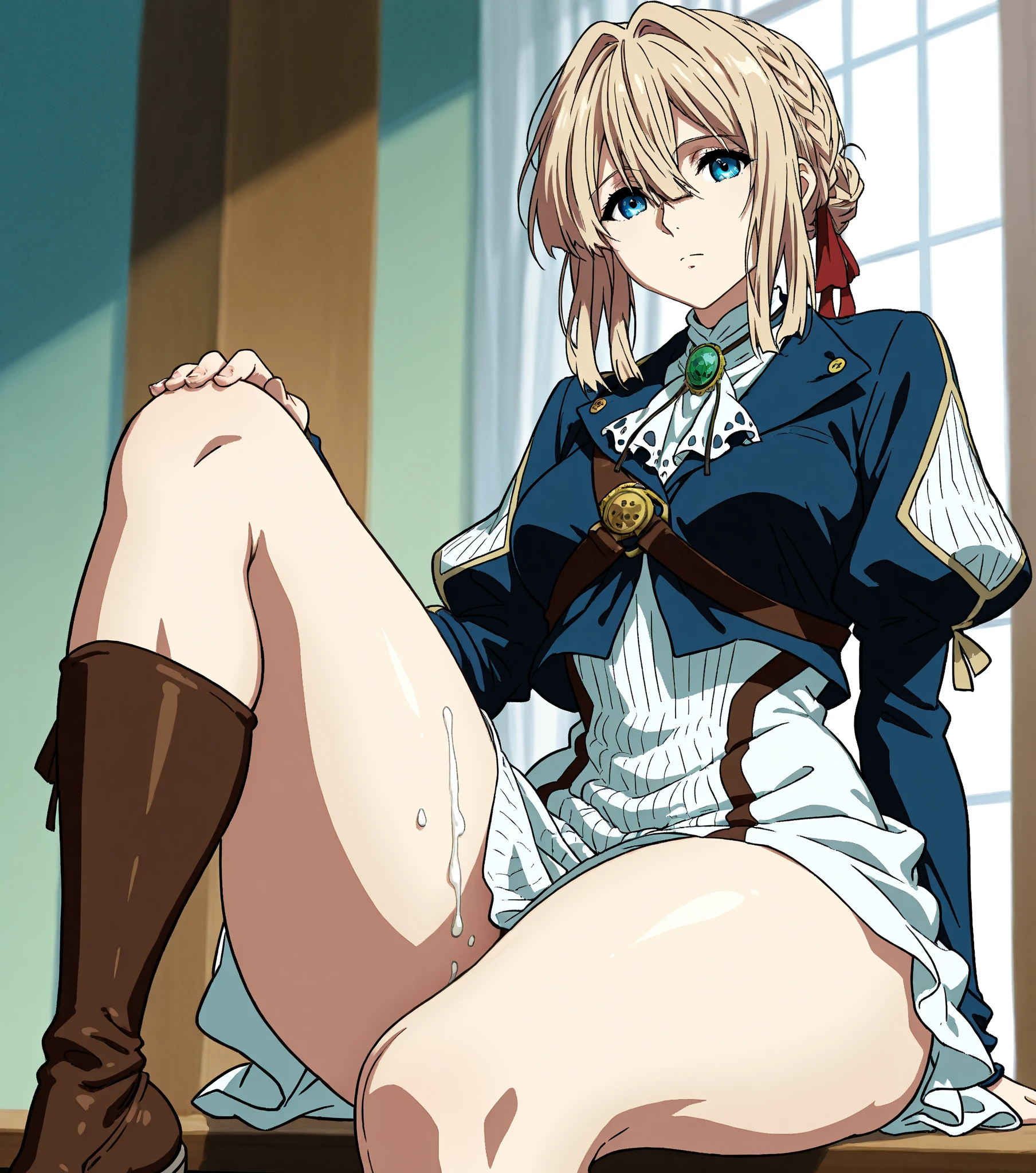Nsfw,masterpiece,ultra detailed eyes, glowing ,highest detailed face,highest detailed skin,highest detailed hair, Kyoto animation,highest quality, High resolution, anime coloring,violet evergarden, (((Braid, hair ribbon, red ribbon, jewelry, white ascot, brooch, blue jacket, long sleeve, brown gloves, white dress))), long dress, in the forest,(((white lace panties,lift skirt))),white pantyhose,