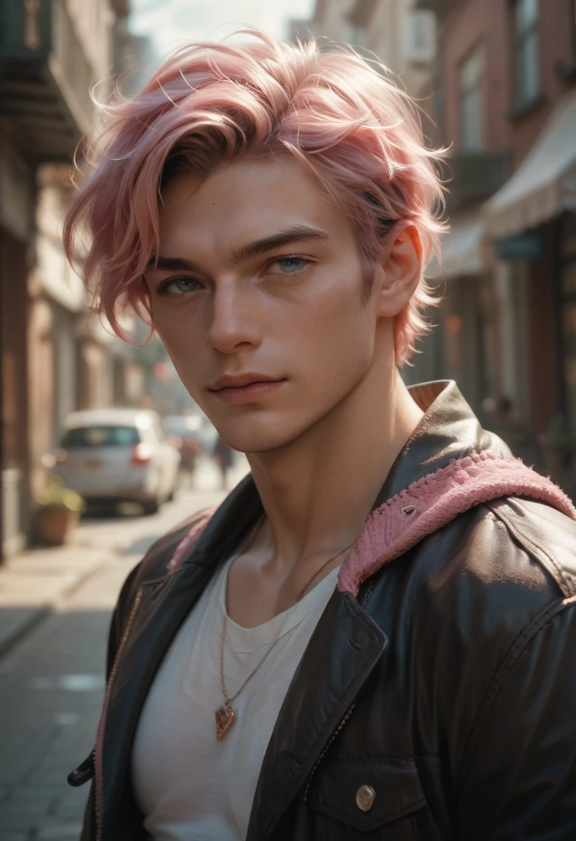 Hot man, rainbow hair, yellow eyes,smilling, in the jungle,medium body