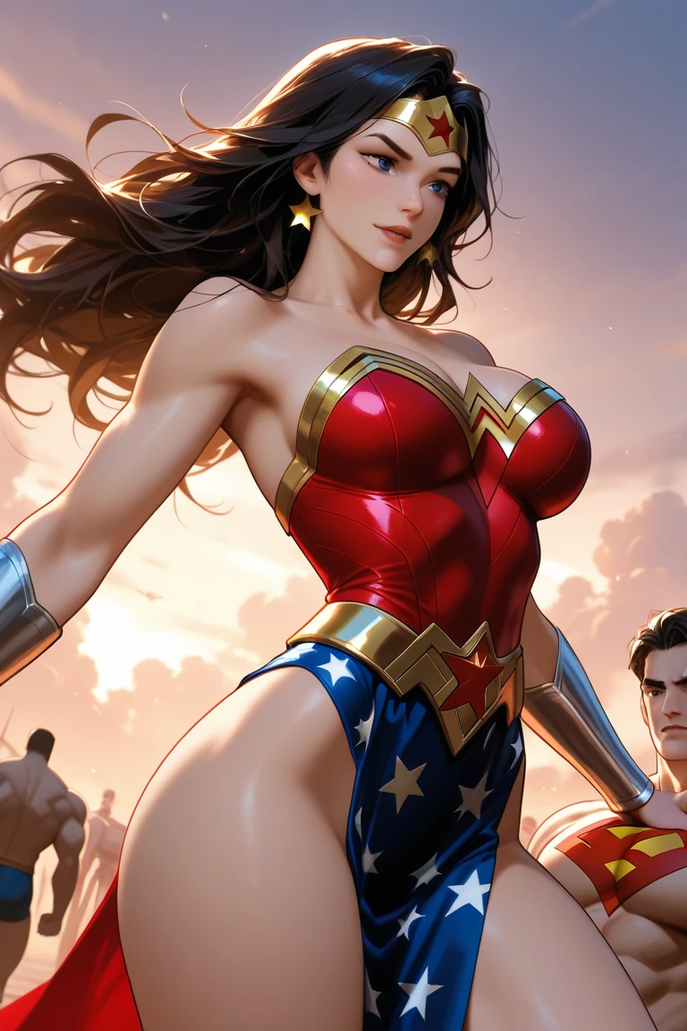 Wonder Woman, vhs effect, nostalgia, full body, Wonder Woman, (Intricate details, makeup), (Delicate and beautiful delicate face, delicate and beautiful delicate eyes, perfectly proportioned face), delicate skin, strong and realistic blue eyes, realistic black hair, lips, makeup, natural skin texture, tiara, jewelry, star \(symbol\), leotard, bulletproof gauntlet, Red boots, golden belt, (public clothing: 1.5), bare shoulders, slightly sunburned complexion, elastic muscles, (muscles: 1.2), ((strong and healthy body)), (((more) muscles))), long legs, curves, cleavage, thin waist, soft waist, (delicate skin), (beautiful woman), (swollen lips: 0.9), (eyelashes: 1.2), very delicate muscles, perfect body, flexing muscles, (skin texture), intricately detailed, fine details, hyperdetailed, raytracing, subsurface scattering, diffused soft lighting, shallow depth of field, by (Oliver Wetter))neon)