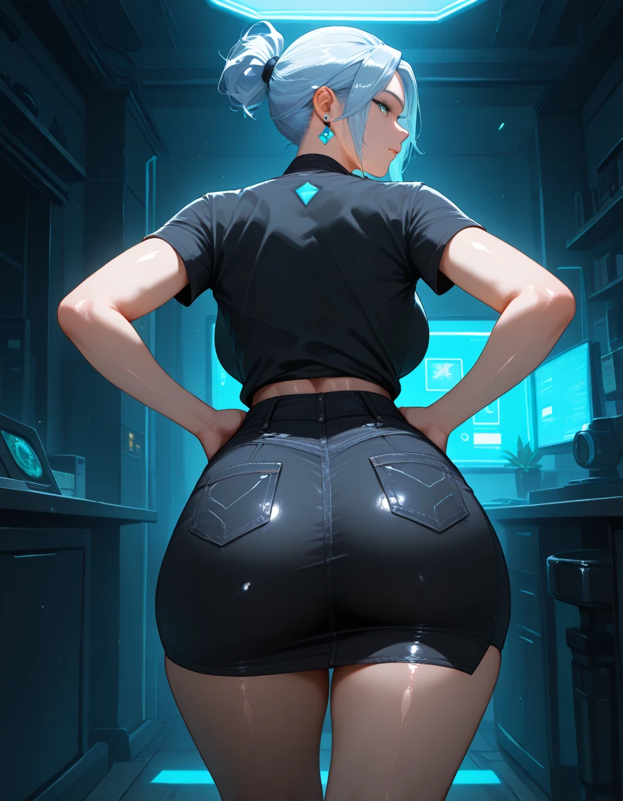 (*****, top-quality, 8K, masterpiece, Top image quality, Hi-Res, super detailing, Ultra HD, best quality, detailed background, (hyper detailed, intricate detail, Detailed hair ++, detailed eyes ++, raytracing, perfect shadow, enhanced eyes), (Delicate and smooth skin, real looking skin, Perfect and beautiful face ,Perfect and cute face, high detail skin, Perfect limbs)),, girl , pale light blue hair , large ass , great ass, short blue hair, messy short hair styles, black spats shorts, skin tight black shorts, blush cowboy shot , ((green eyes)), Luminous_eyes, neon green eyes, ultra detailed eyes, Beautiful and detailed face, detailed eyes, Short straight hair, looking at viewer , looking back, pov from behind , solo , standing , thick thighs, bare thighs , very long hair, tracking shot, low angle, over the shoulder, back turned toward the viewer, 1 girl, short height, 4'1 height, sports wear, skin indentions,
