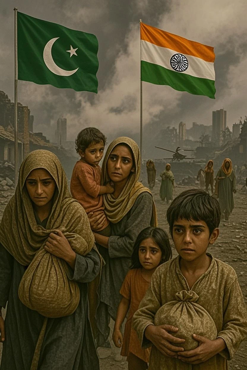 Create 3d image about poor kids  people and sad moments and her hand sty Pakistan flag