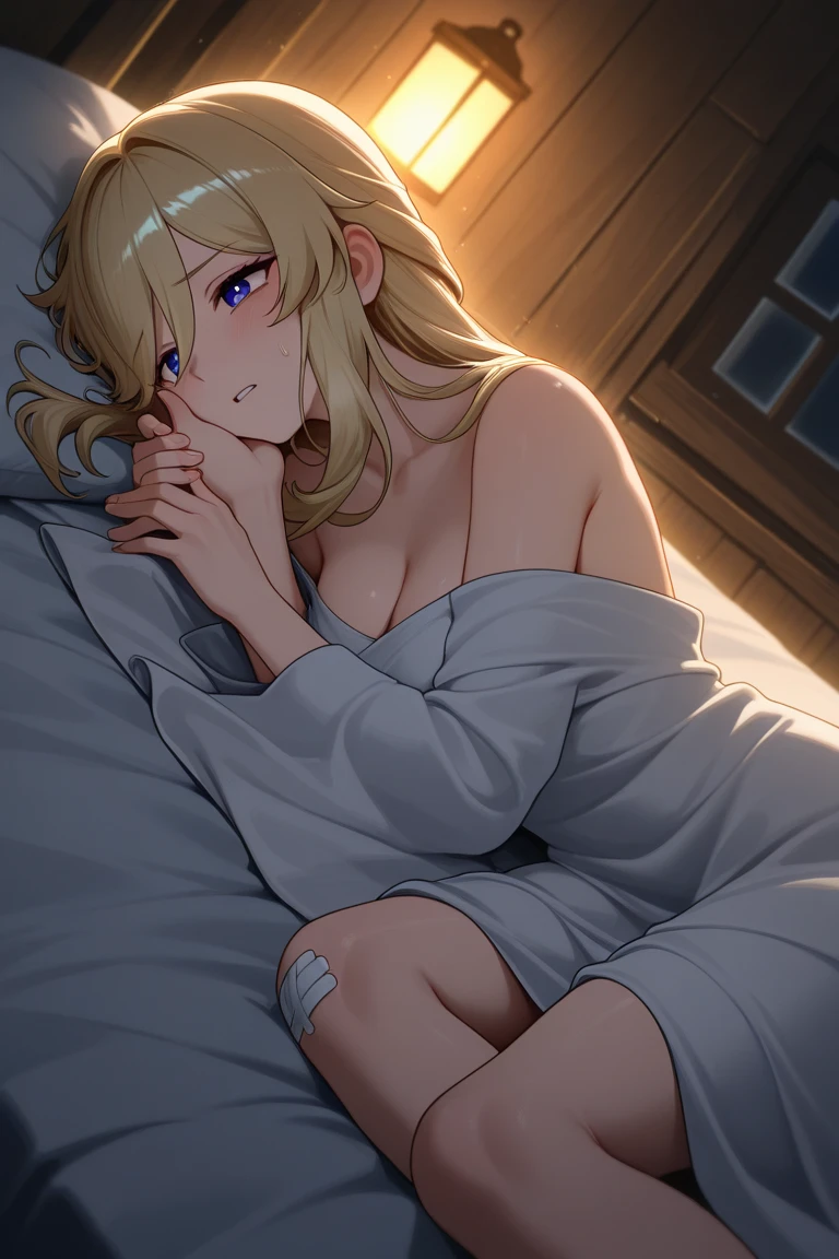 (masterpiece),(best quality),(ultra-detailed),(best illustration),(best shadow),(absurdres),(detailed background),(very aesthetic),1girl,aave, braid, hair ribbon, red ribbon, jewelry,sitting on bed,(vulgarity:1.5),shy smile,looking at viewer,shiny skin,at night,lingerie,hands holding 1condom,
