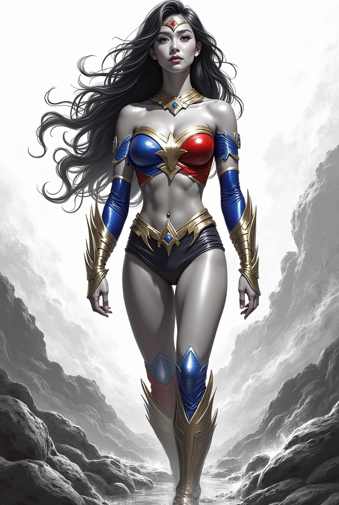 Hermosa y exhuberante Wonder Woman, luciendo un traje blanco al estilo de Wonder Woman