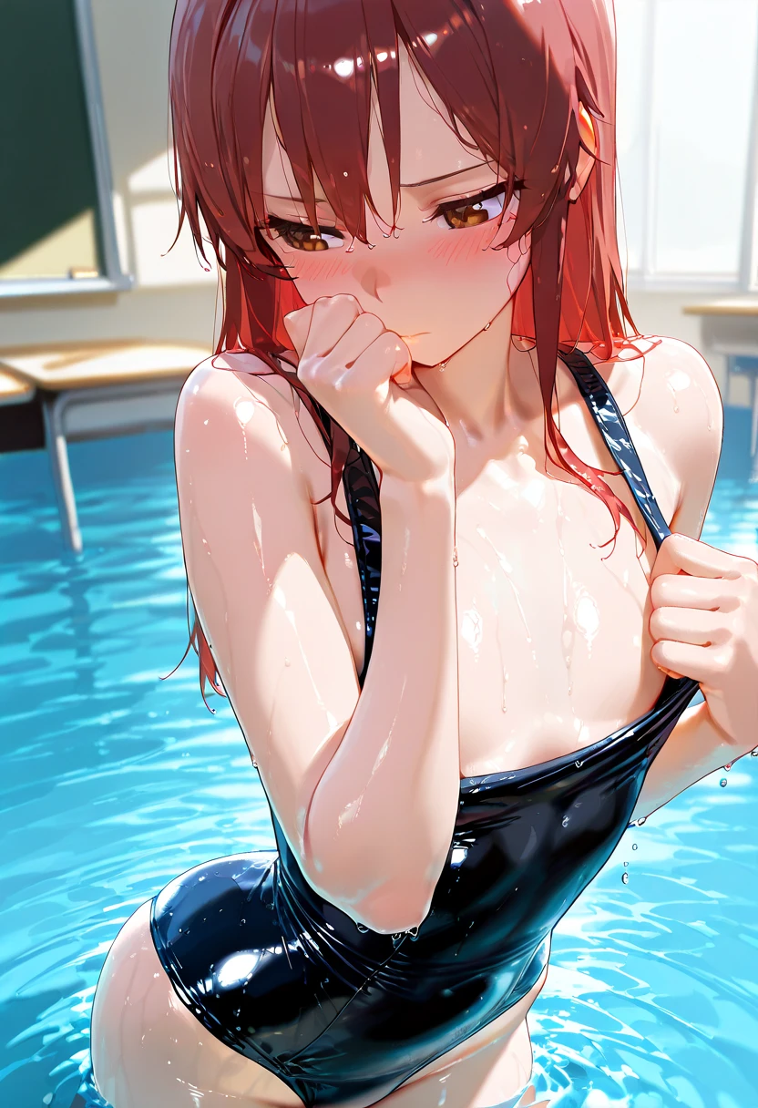masterpiece, best quality, high resolution,, one girl, solo, green eyes, long hair, red hair,, bangs, eyebrows, crimson red one-piece swimsuit, poolside, open mouth, smile, wet, --auto --s2