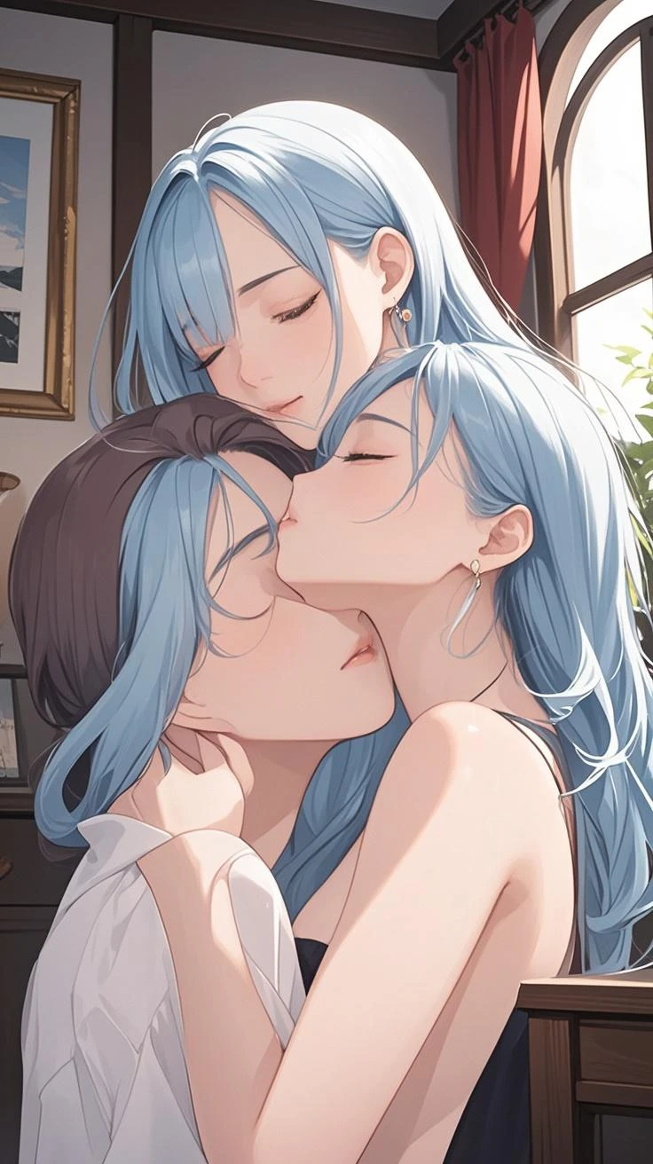 a long blue haired handsome wizard kissing a nude nerd blue haired woman with big boobs and big hips on all fours