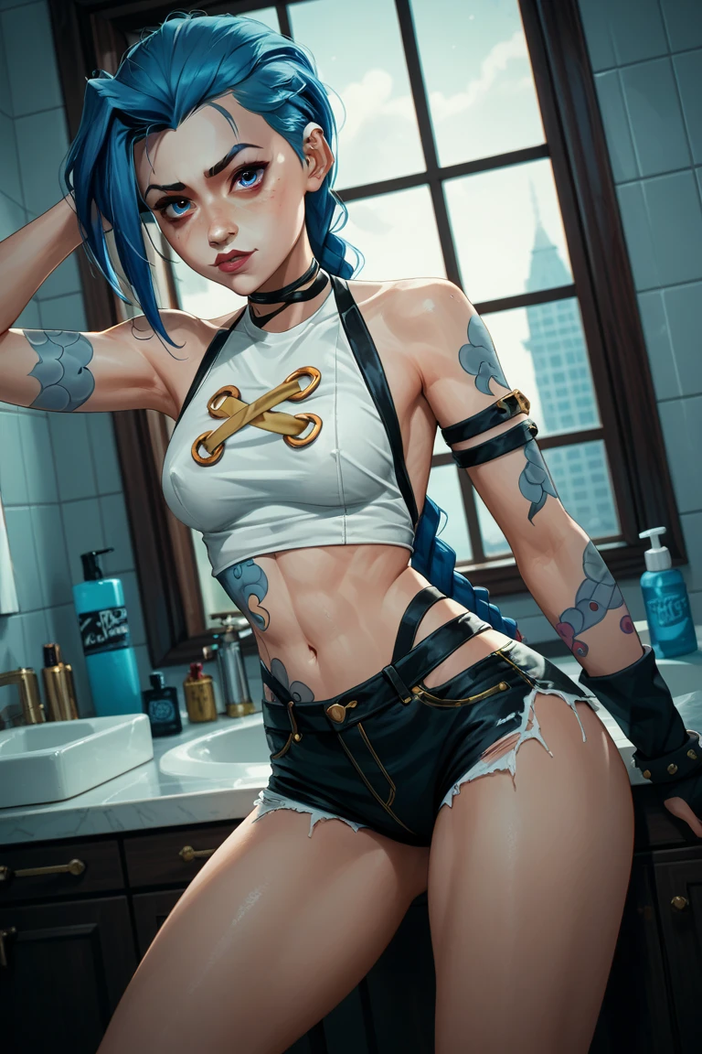 panoramic, jinxlol with a crop top, Jinxlol ,(JinxLol: 1.1),(league of legends),pink eyes, full body, big butt, small tits, ultra high resolution, perfect anatomy, (small breasts),red lips, twin braids, 1 girl, beautiful hips and full body belly, beautiful face, beautiful hands, girls, high-resolution beautiful eyes, character concept, perfect anatomy, focus, nearing perfection, dynamic, high details, highly detailed, station, concept art, sharp soft focus kim art jung gi, Artgerm, Sasha Yakovleva, Loish , Victor Nizovtsev, Greg Rutkowski, Noah Bradley. trending on artstation, 8k, masterpiece, fine details,