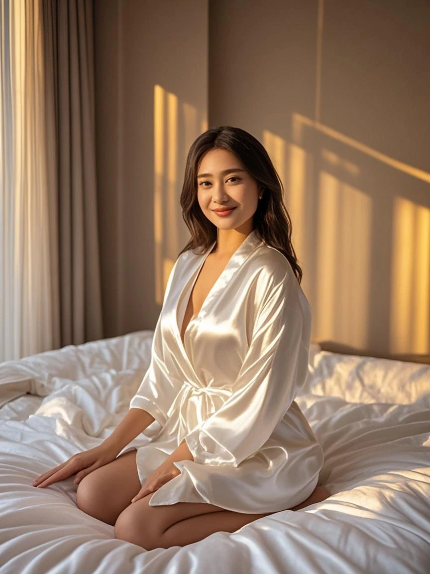 Full body portrait of a woman dressed in black slip dress silk pajamas,Raised sexy。Decorated themed rooms in bright white,Tajiro legs,Half leaning on the white sofa,Chinese women
