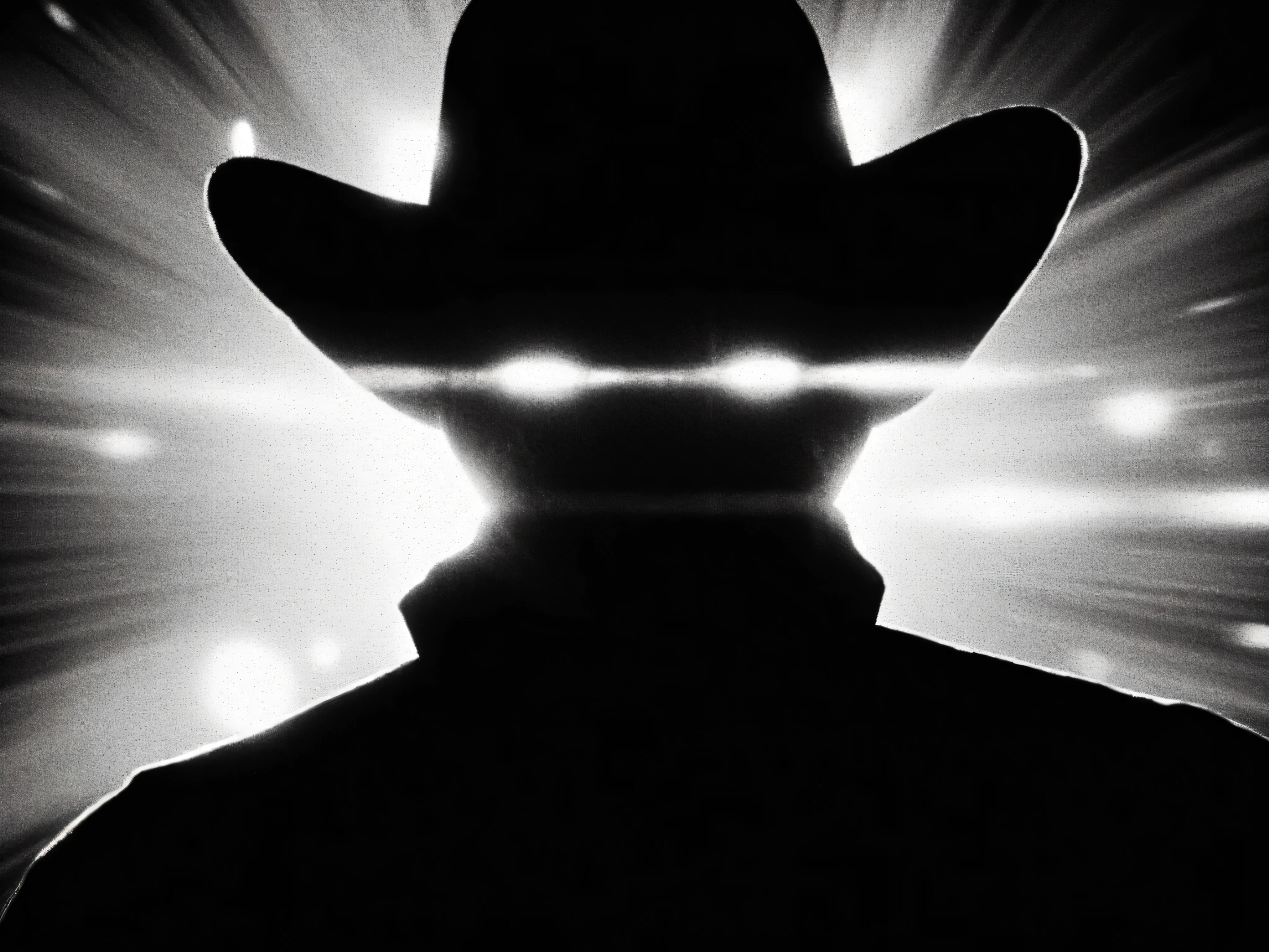 A high-contrast, black-and-white analog film-style portrait of a mysterious figure in a cowboy hat. The silhouette is heavily shadowed, with no visible facial features. The light direction is dramatic, coming from above and behind, casting a glowing edge around the hat and shoulder, creating strong highlights and burned shadows. The image has an exaggerated fisheye lens distortion, with subtle shutter streak effects blending into the background. Chromatic flares bleed slightly at the image edges, and fine, floating dust particles are visible mid-frame. The grain is extremely heavy—more than a VHS film from 1987—mimicking the texture of degraded film stock. Use low-key lighting, analog film grain, and a moody, noir tone. Background should be minimal, slightly blurred, emphasizing texture over clarity.