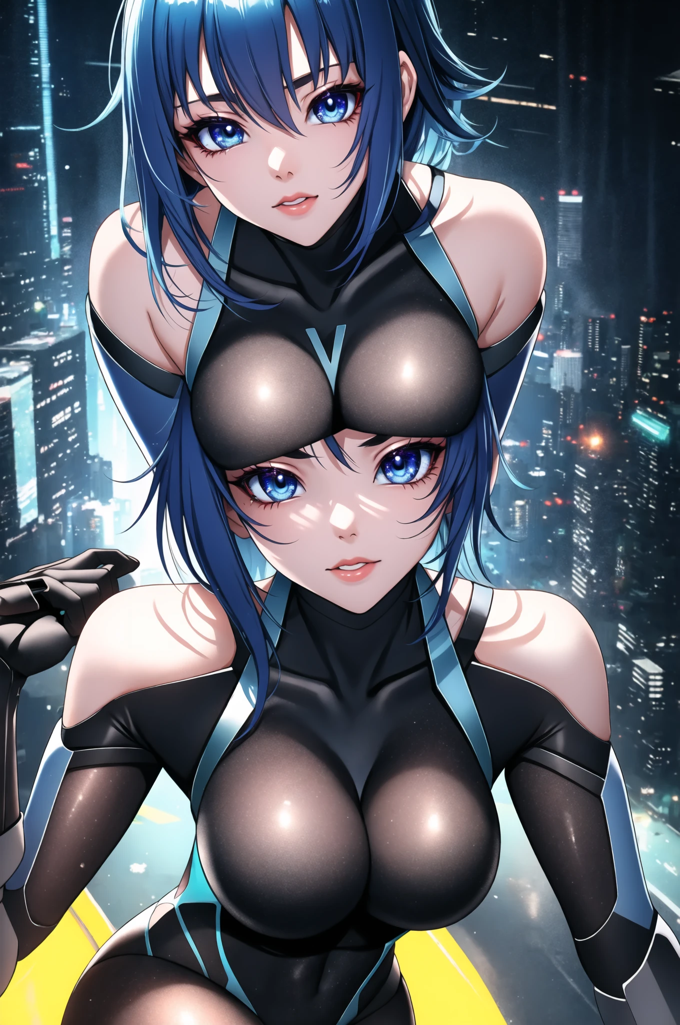 (masterpiece, best quality), best resolution, (2heads:1.5), 1girl, blue skin, different hairstyles, at night in a futuristic city, naked, blue nipples, metal plating