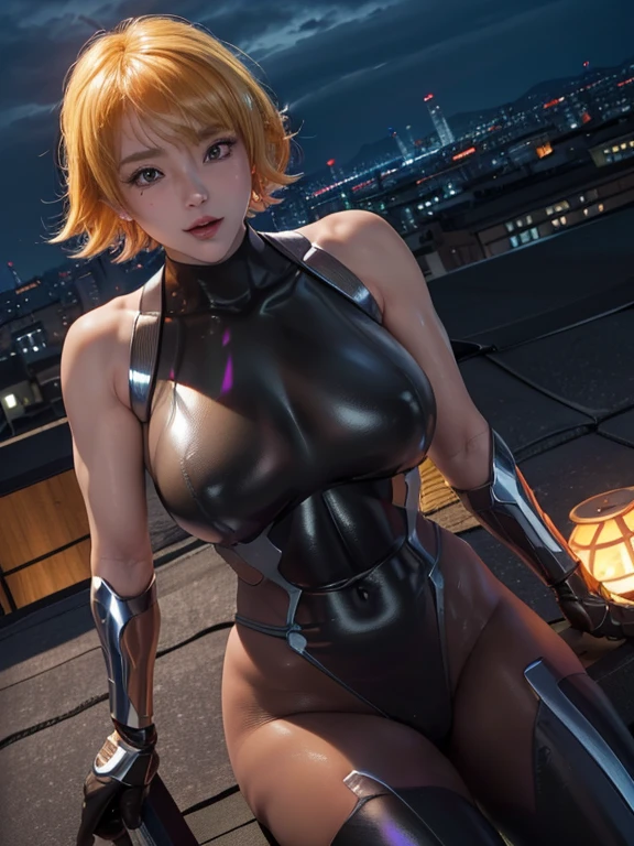Sakura Igawa、Ghost Ninja、Highest品質、Highest1White girl,high quality,, ((Masseter muscle area)), ((High resolution)), ((Highest品質)), detailed, (Laughter.andても幸せ,3000 times more sensitive), ((Glowing Skin)), (High leg bodysuit:1.2)、and, ((huge 、Blonde、Short Bob))、Voluptuous bust, Bowl-shaped big breasts, (View from the front、Looking at the audience:1.5)、((Rooftop at night))