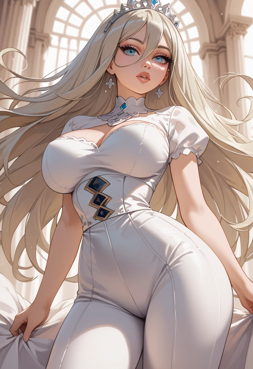 Create a full-body image of a female cowboy in a striking outfit. She is wearing a white cowboy jacket, open and flowing, over a tight, black, shiny leotard that hugs her curves. The jacket should have subtle gold detailing to enhance the elegance of the outfit. The cowboy is also wearing a wide-brimmed white hat, adorned with a golden band or embellishments. She has long, blonde hair styled in soft waves or braids that cascade down her back. Her skin is fair, and her physique is prominently displayed with large thighs and a full bust. The view should be slightly downward, capturing her entire body, and the composition should emphasize the contrast between the white jacket and the black leotard, as well as the gold details. The overall look should convey a bold and confident presence, combining classic cowboy elements with a modern, glamorous twist.