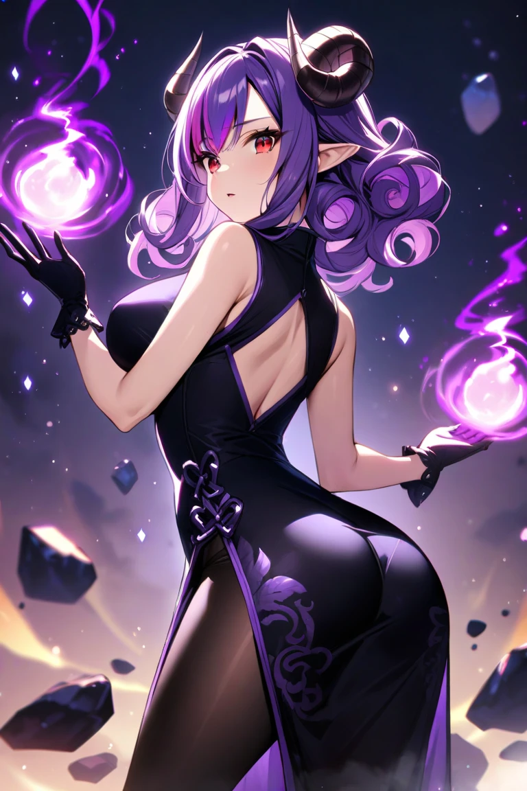 Extra long purple hair，Purple Eyes，A very good figure of an adult woman with bare breasts，Wearing black and purple tights，A purple scarf on the wrist，And holding a purple fire lotus in his left hand，First person open hands action，Six purple-white tentacles extend from the back，And behind it there are circles of three fists of purple and white halos，The background is purple, the universe and the starry sky
