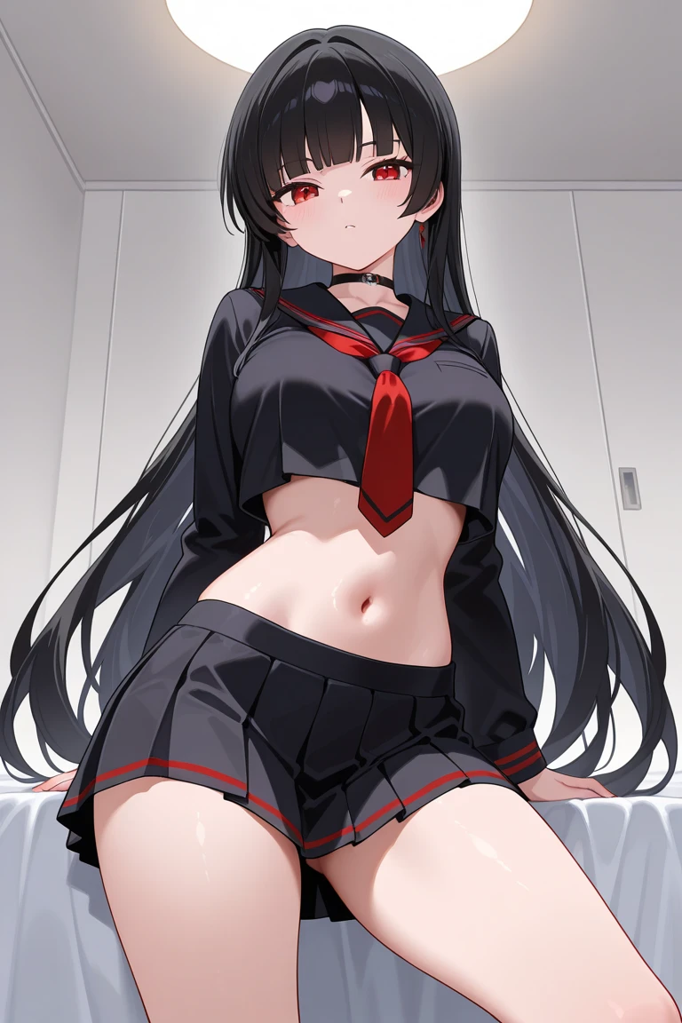 black hair,RED eyes,(((black bunny suit,bunny ears))),IN THE CLASS