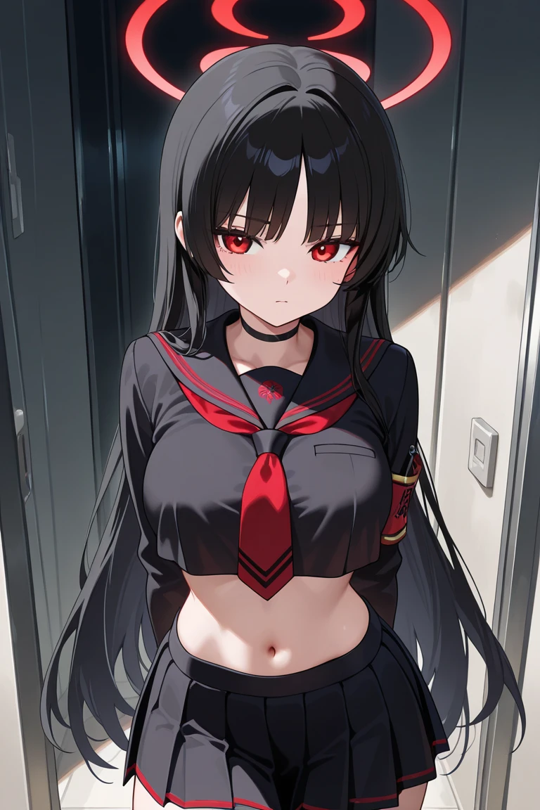 akame (akame ga kill!), (masterpiece, best quality), (((extremely detailed, intricate details, lush detail, insanely detailed face, beautiful red eyes, shiny skin, sharp eyes))), ((Indoors, dramatic shadows, vibrant colors, backlighting, depth of field, highleg, contrapposto, (very long hair))), (((solo, 1girl, shadow over face))), black hair, ((medium breasts)), (( sleeveless black shirt, red tie, black skirt, white collar shirt, red belt, hidden hands)), bangs, hair between eyes, ass, big eyes, upper body, face focus, muscle, slim body, looking at viewer, long black gloves, red bracer