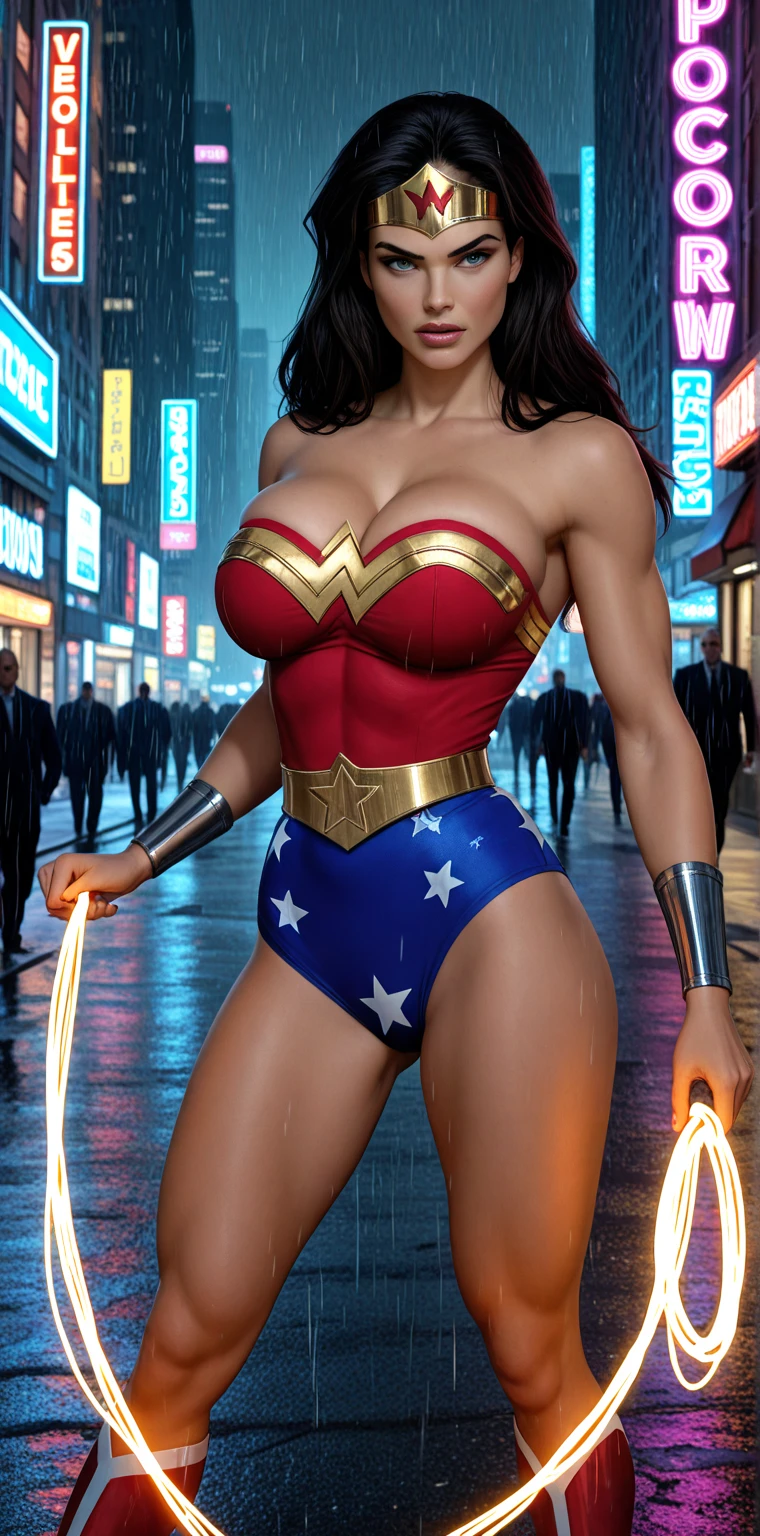(RAW photo), (huge breasts:1.5), (sharp focus: 1.5), (ultra detailed), (intricate details), (shiny skin:1.5), (oil skin:1.0), (best quality, highres, high resolution:1.5), (full body portrait:1.0), (photorealistic: 1.37), (ultra realistic,32k), (high detailed skin:1.1),(high quality:1.1), 1woman, Wonder Woman,(Wonder woman:1.4),(Apocalyptic destroyed city:1.4),(Detalles intricates, make-up), (delicate and beautiful face,（Beautiful and detailed eye description）, Perfect facemente proporcionada), (Realistically moist skin: 1.0), (soaked body: 0.5), (damp skin), wet hair, delicate skin, Ojos azules fuertes y realists, Cabello ????? realist, lips, make-up, natural skin texture, tiara, jewely, Star \(symbol\), leotardo, Bulletproof Gauntlet, Red boots, golden sash, (public clothing: 1.5), bare shoulders, slightly sunburned complexion, maduro, sexy, toned muscles, (musculature:1.2), ((strong and healthy body)), ((((plus) musculature))), long legs, curves, (big breasts: 1.3), thin waist, smooth waist, (delicate skin), (beautiful and sexy woman), (lips hinchados: 0.9), very delicate muscles, Standing,(realist: 1.5), fotorrealist, octane rendering, Hiperrealist, Fitted model, (Cara fotorrealist: 1.2), thick eyelashes, long eyeslashes, (curly dark hair: 1.1), La Best Quality, half smile, (looking at the viewer), sharp focus, (4k),  Fantasy, extremely detailed, intricate, hyper detailed, (Perfect face), illustration, Soft lighting,(specular lighting:1.4), blue eyes, absurdamente fotorrealist, ultrahigh resolution, intricate, hyperdetailed, (skindentation), female, detailed body, (detailed face: 1.1), (outlined iris), (Hydrocolor lenses), (Perfect eyes), 4k, splendid, UHD, 8k, 1080P.unreal engine:1.4,UHD,La Best Quality:1.4, fotorrealist:1.4, skin texture:1.4, Masterpiece:1.8,first work, (Beautiful and detailed eye description）,(Cyberpunks:1.4),[object object], (detailed face features:1.4),