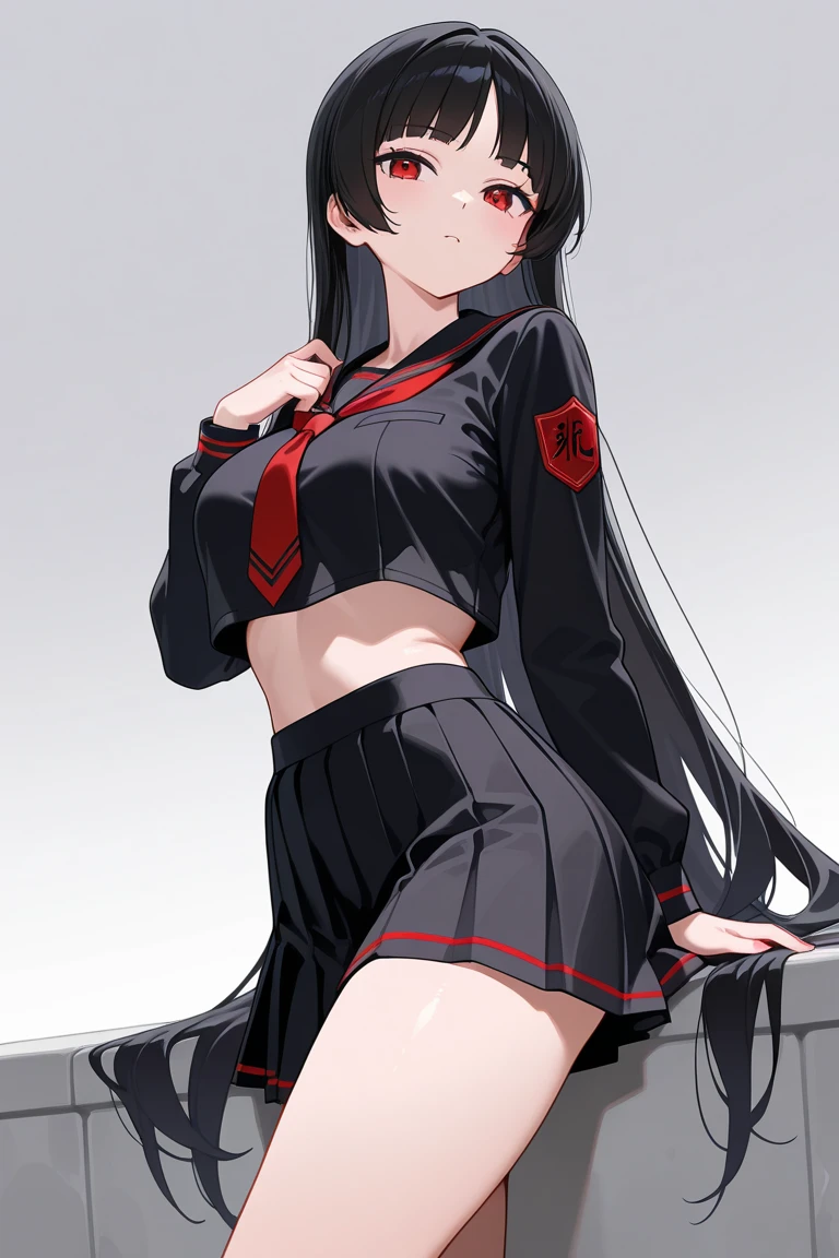 
Yumeko Jabami 17 year old girl with Asian face and challenging red eyes, straight black hair with bangs slim build japan  long plump legs and big thighs, big ass and small breasts, with a very short gray skirt and long black leggings and a red sweater with a white shirt, she is doing sexy pose, view from behind, It has many details, animation with HDR and shadows, the highest resolution, and background in the library