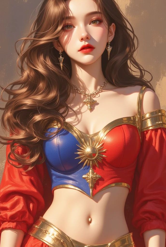 Best quality, 30 year old woman,  long red hair, blue eyes, slight smile, upper body, skimpy mage robes, intricate details,  fluffy clouds, fantasy city,  sunset, cleavage, 