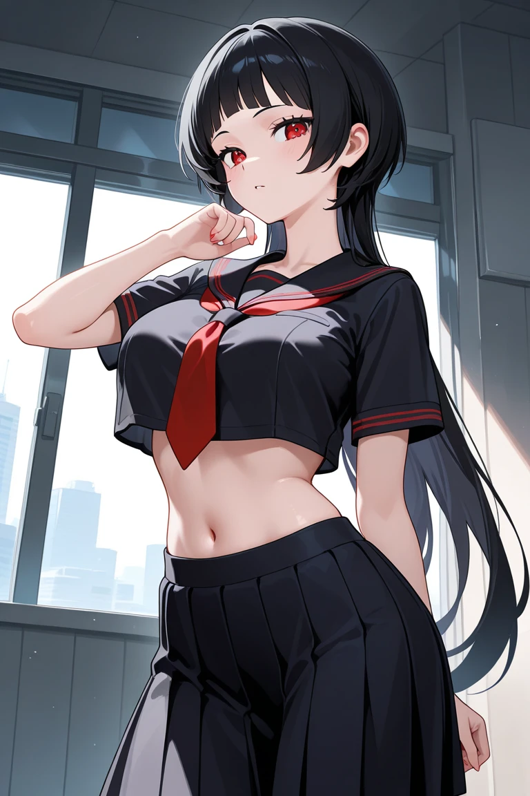extremely delicate and beautiful girls, (masterpiece eyes:1.3), sweat skin, cowboy_shot, from_below, from bellow, ceiling, looking at viewer, armpits, shiny_skin, long hair, (arms behind head, armpits), long bangs, twintails, red hair, seductive smile, beautiful and delicate eyes, teeth, (bare_shoulders), huge_breasts, (navel), zettai_ryouiki, red eyes, (dark-skinned_female), black_ribbon, choker, sailor suit, (sleeveless), pleated_mini_skirt, (underboob), thigh_gap, classroom, indoors, table, chair, (five fingers, 4fingers and 1thumb), Masterpiece, best quality, captures a super cute moment, depth of field, ultra detailed, ultra high resolution, C4D, Octadale, 3D modeling, 8k, 16k,