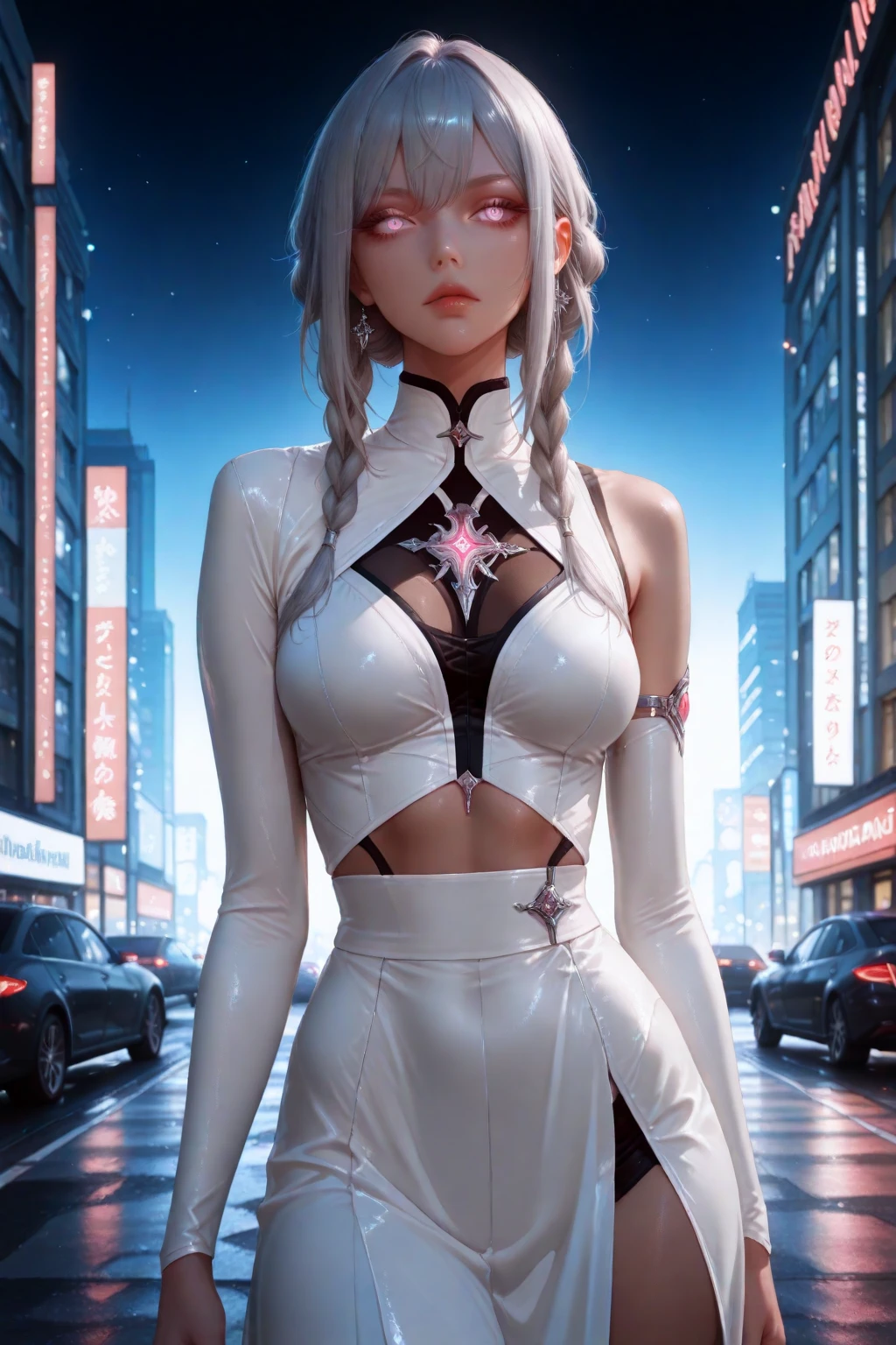 (((Masterpiece, Best Quality, High Resolution))), Slim young girl, White long hair, Full-length in a short dress, is looking at the camera, Against the backdrop of a cyberpunk city, white short dress, naked legs, brightness, Masterpiece, Best Quality, 1girl, hiquality, Ultra Detailed, ((Real image)), ((lifelike skin)), ((realistic face)),(illustartion:1.05), (Beautiful:1.05), (beautiful detail eyes:1.05), Form-fitting silhouette, Slim, small breasts, white clothing. Faraway view. full-length photo, The wind lifts the dress, Smile,