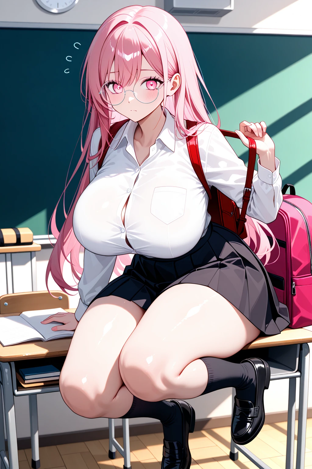 One Woman、One boy、One Shota、private teacher、Big Breasts、Pink Hair、long hair、Ahoge、Kind older sister、Pink Glasses、Green Eyes、Smile、naked、Light pink small nipples、Bedroom、On the bed、Droopy eyes、Normal position、Staring at the boy、The boy is desperate、a boy's back