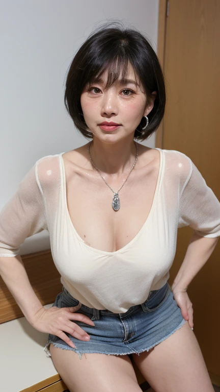 (masterpiece,high quality:1.3),(Written boundary depth:1.3) ,((Front body:1.35)), Japanese ,woman,Hair Bun, Long sleeves Round neck ,T-shirt maxi (((tight))) dress,(Huge breasts:1.5),(View your audience:1.3),(whole body:1.2)