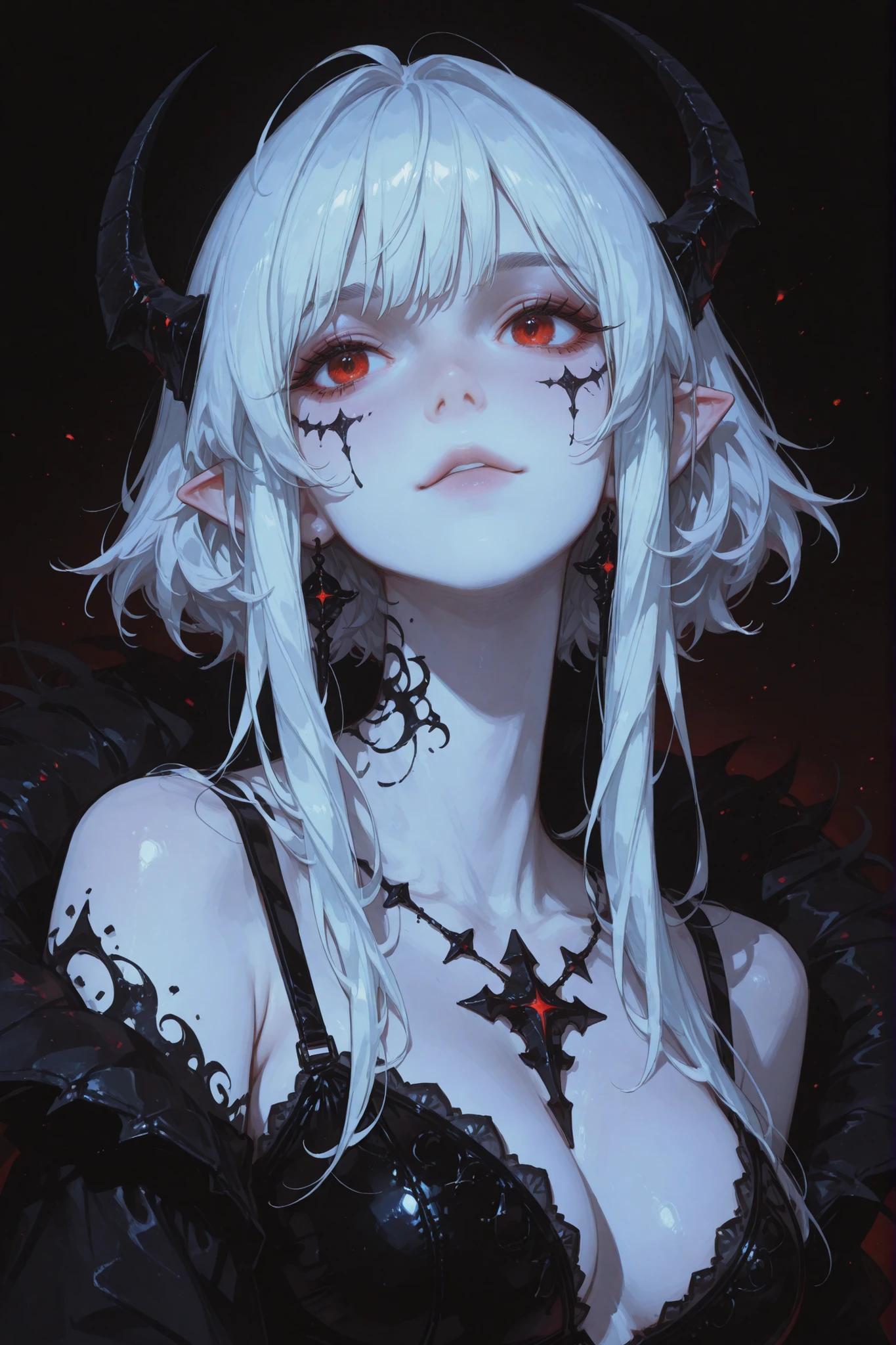 ((multiple boo)), forest, moonlight, [fog:0.5], [horror \(theme\):0.5],  a [goth |barbarous |mysterious] [mature |young] gothic female with [curvy |thick |tone |curvy |thick |muscle] figure wearing [goth clothes | western clothes |intricate clothes |corset |loose sleeves] mix [dress |frill dress |indicate dress |belt |frill |cotton dress |short dress] and [lustful eye |creepy eyes |beautiful eye] red iris mix [lush lips | perky lips] and with white and black hair mix with light blue streaked hair, long hair [ hair over eye |braid | wavy hair] mix [messy hair |curly hair |messy hair] and [pointy ear |elf ears |long ears] and [star print |flower print] on clothes and wearing [make up |scaly | jewelry] , intricate tattoos, ((asymmetrical pose)), make up, blush, chromatic aberration, illustration,
 <lora:Boo4:1>