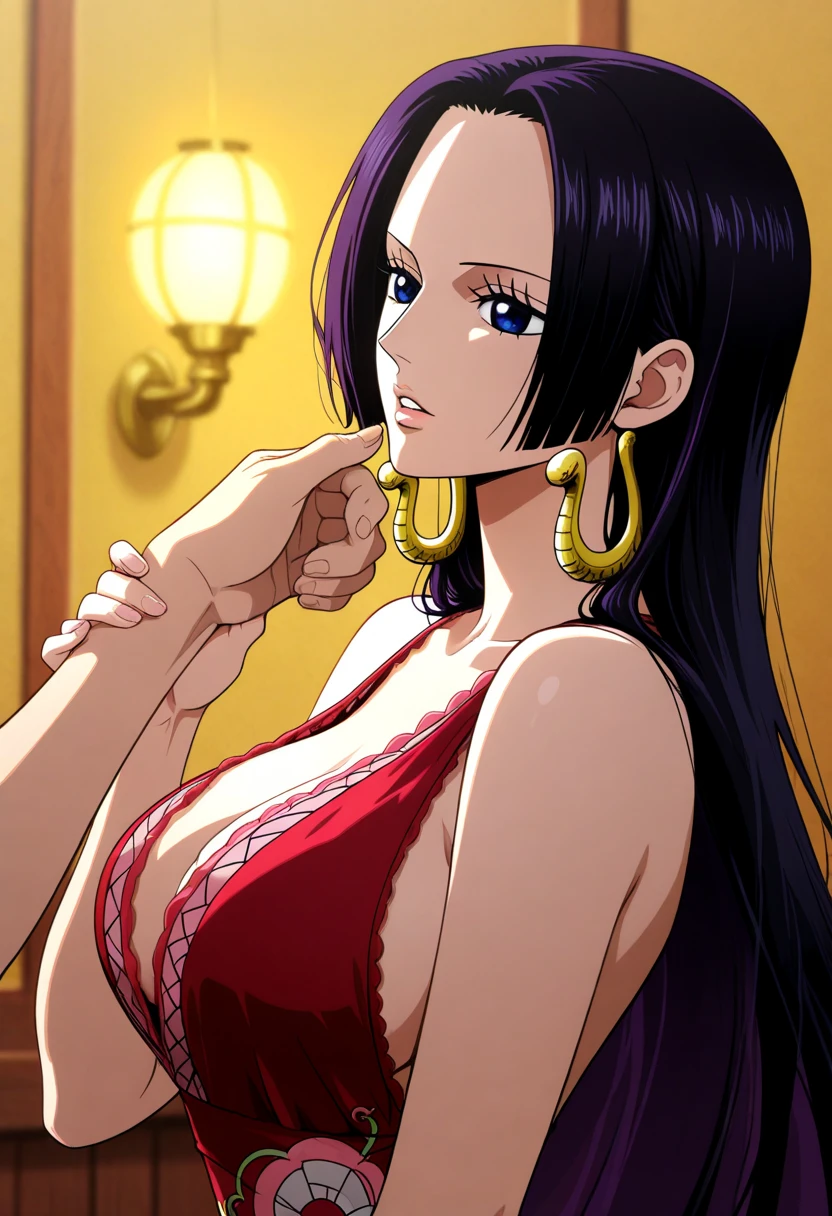 (((masterpiece))), (((best quality))), ((ultra-detailed)), (highly detailed CG illustration), Boa Hancock, (nsfw:1.4), (masterpiece:1.5), Detailed Photo, Smiling, Sexy, (Best Quality: 1.4), (1girl), Beautiful Face, (Black Hair, long Hair: 1.3), Beautiful Hairstyle,  beautiful detail eyes, (realistic skin), beautiful skin, absurd, attractive, ultra high resolution, high definition, (sexually aroused:1.5), Pinkish white skin, cool white light, sexy pose, Beautiful , white background, pink soft white light, Wear a white tank top, ((armpits)), ((full of sweat)), dripping wet armpits, close up armpits, ((half body view))
