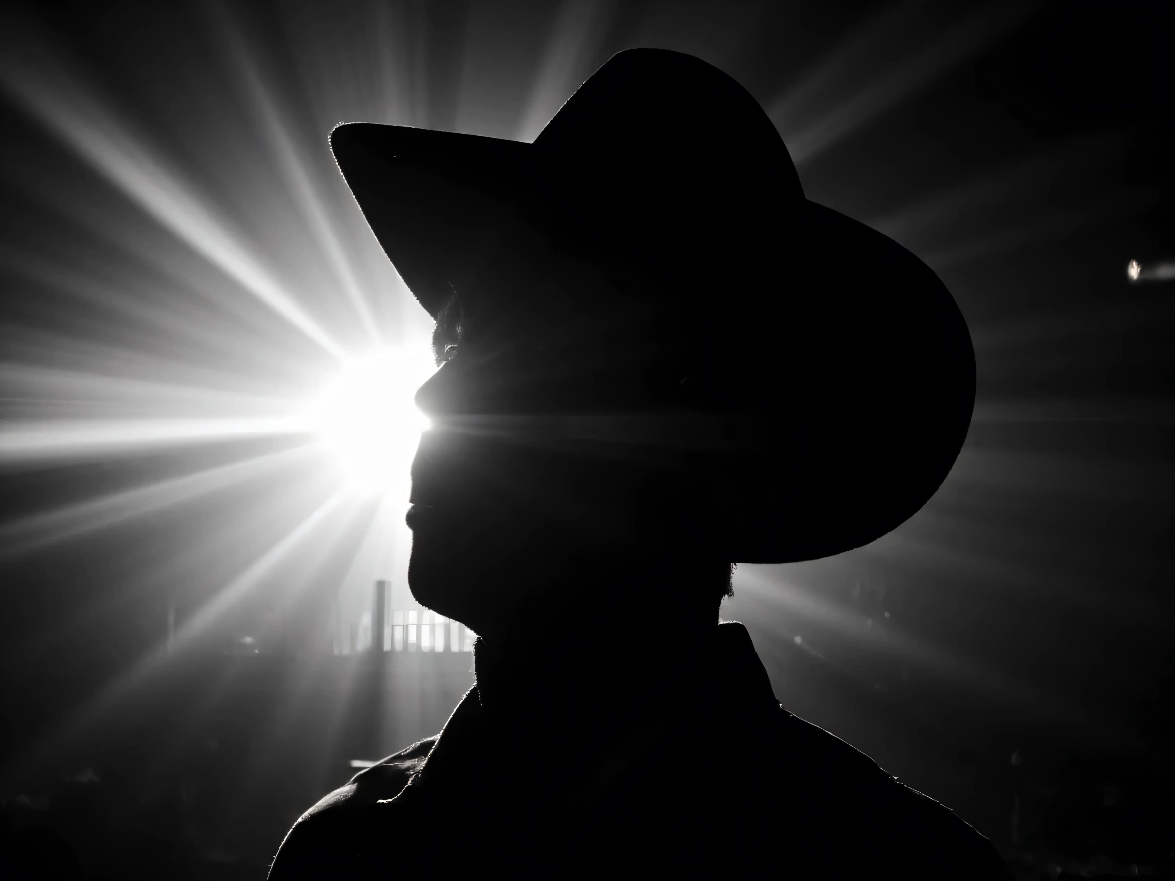 A high-contrast, black-and-white analog film-style portrait of a mysterious figure in a cowboy hat. The silhouette is heavily shadowed, with no visible facial features. The light direction is dramatic, coming from above and behind, casting a glowing edge around the hat and shoulder, creating strong highlights and burned shadows. The image has an exaggerated fisheye lens distortion, with subtle shutter streak effects blending into the background. Chromatic flares bleed slightly at the image edges, and fine, floating dust particles are visible mid-frame. The grain is extremely heavy—more than a VHS film from 1987—mimicking the texture of degraded film stock. Use low-key lighting, analog film grain, and a moody, noir tone. Background should be minimal, slightly blurred, emphasizing texture over clarity.
Style tags:
analog film, noir, silhouette, dramatic lighting, chromatic aberration, shutter streaks, fisheye distortion, ultra grainy, retro
Lighting: Low-key, overhead backlight
Camera Lens: Fisheye (ultra-wide distortion)
