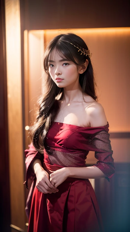 (top-quality), Realistic, (real picture, Intricate details, depth of fields), highly detailed, Detailed skin, ((naked and wearing a see-through red dress, sleeveless, See-through, tight, red dress)), (((Small chest:1.4))), (Parted lips, Looking forward), (Japanese college girl kneeling in a big church, Praying), (Long blonde hair:1.3, One-length hairstyles), Fair skin, stain glass, Hard lighting, low angle shot