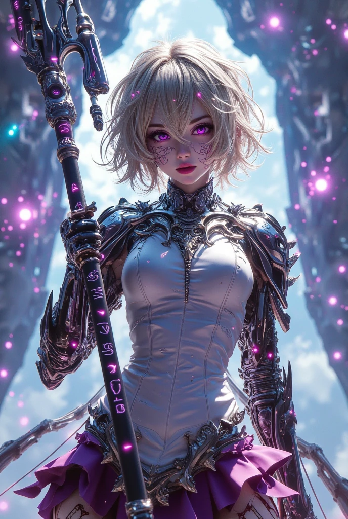 A cute woman (nude, age 25, violet eyes, violet metallic sleeves, violet metallic thigh high boots) is a lightning goddess floating in the storm clouds, held in the air by arcs of lightning, she her entire body, show her from head to toe, show all of her
