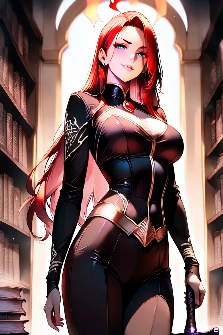 GlowingRunes_red, perfect eyes:1.2, detailed eyes:1.4, realistic:1.4, crazy eyes, crazy smile, red hair, hair over shoulder, holding book, book, robe, cape, fringe, tentacles, argyle, checkered, clothing cutout, thighhighs, makeup, lipstick, hood up, cleavage, 1girl, solo, (masterpiece:1.6, best quality),