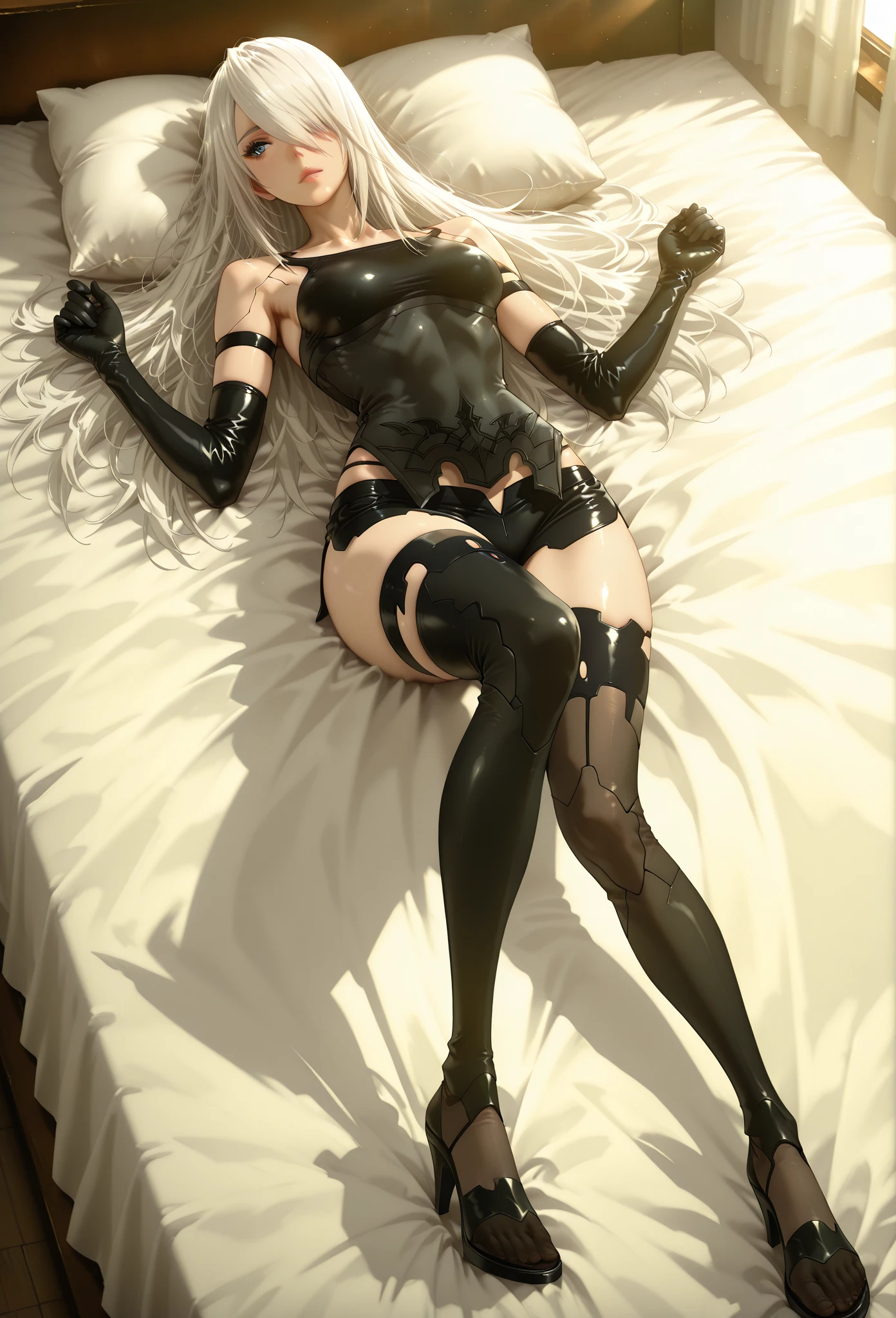 A beautiful woman lying seductively on a bed, wearing a skin-tight bodysuit that accentuates her curvaceous figure, (best quality,4k,8k,highres,masterpiece:1.2),ultra-detailed,(realistic,photorealistic,photo-realistic:1.37),exquisite lighting, dark and dramatic lighting, cinematic lighting, detailed facial features, long eyelashes, plump lips, flawless skin, bedroom interior, satin sheets, moody atmosphere, sensual pose