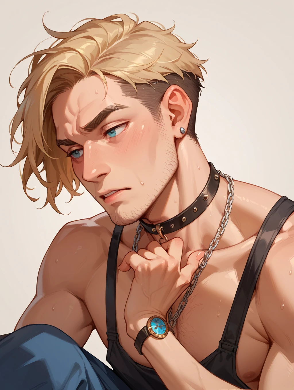 (masterpiece best quality 8k ultra-detailed:1.5) ultra realistic, ((solo male, restrained,shackles, muscular handsome)) torture chamber (((perfect face,perfect eyes))) ((nude,nsfw)) (short hair), shiny skin tan skin,perfect penis,extreme detailed sharp BREAK best quality (no beard) (ecstasy:1.3) (vulgarity:1.3) (fucked silly) (steam) (wet:0.8) (trembling:0.8) (tears:0.7) (drooling:0.6) (sweat:0.8) embarrassed blush