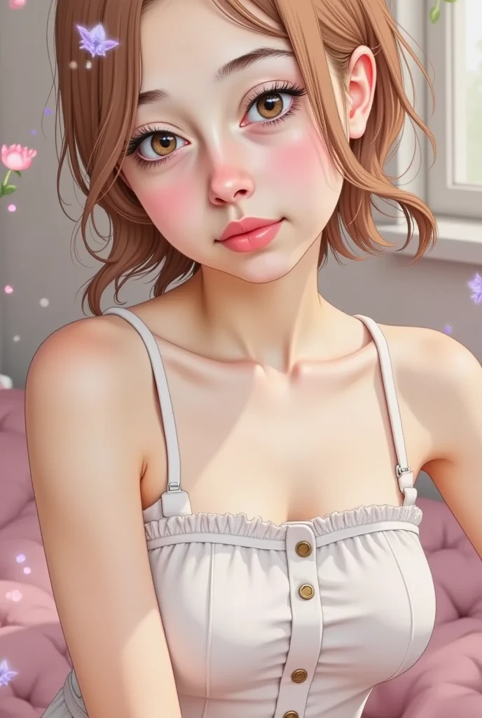huge tit,girl in a pastel pink dress,The soft cloth gently flutters。The skirt has a simple neckline,Slightly exposed collarbone,Cosy atmosphere。shy looking down,Medium-long hair hangs lightly over the shoulders,Cover part of the face,A gentle breeze。Book in hand,Focus on reading,The eyes are quiet and serene。Finger turning pages,Nail fingers are shallow nail polish,Slightly diffuse and fragrant。Sunlight shines through the windows,Soft smile,The whole world is warm。