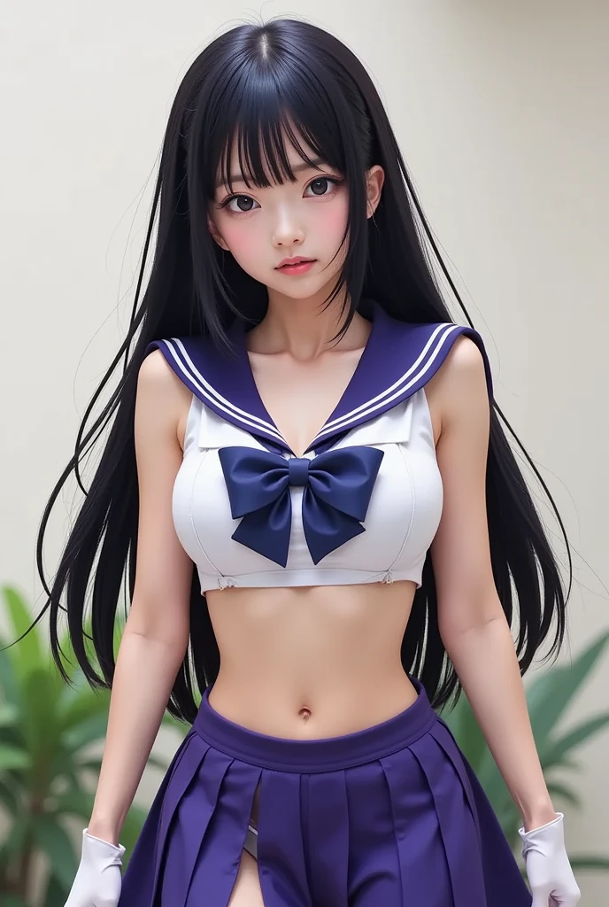 Hermosa mujer en estilo sailor moon, viste una tanga fina y un croptop con un escote grande, luce fuerte y sexy, una mujer con belleza inigualable