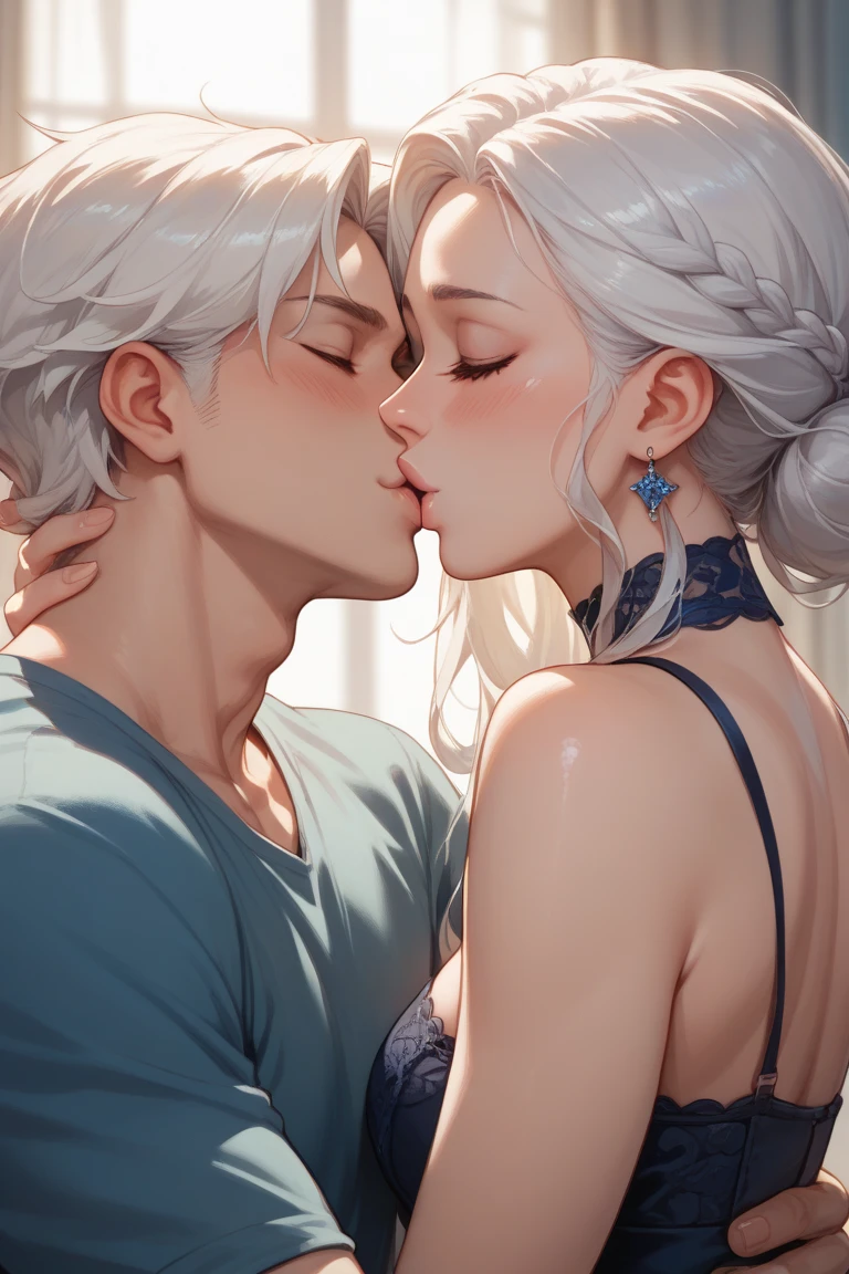 White color hair,Kizi,chest baring,Raised ,Touching another man's genitals with his hand,Side view,The girl kneaded her breasts,Another male genital erection,The two have sex