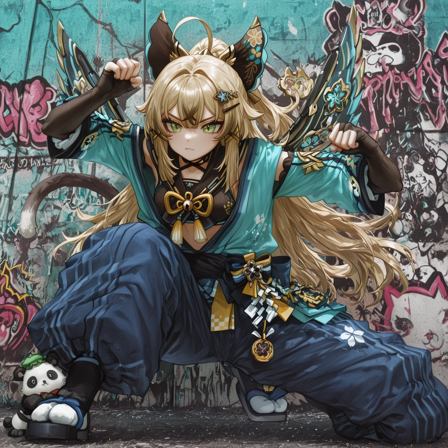 graffiti style breathtaking texture masterpiece, best quality, best quality, [quasarcake:crain1art:9], [dlgeria::9], (xxyt-xx:0.85), chen bin, (as109:0.5), fagun_yibei, berryverrine,
kirara \(genshin impact\), 1girl, solo, ninja, blonde hair, cat_ears, cat_girl, panda, russian, graffiti wall, gangster, wide stance, baggy pants, mechanical wings top down close-up, masterpiece, award-winning, professional, highly detailed . street art, vibrant, urban, detailed, tag, mural