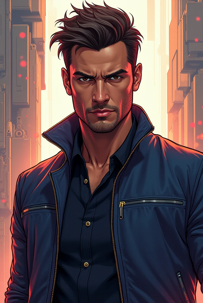 18 year old man, short blue hair, thin, Black trench coat, jeans, black t-shirt, he has days of beard. Cómic style. Marvel comics