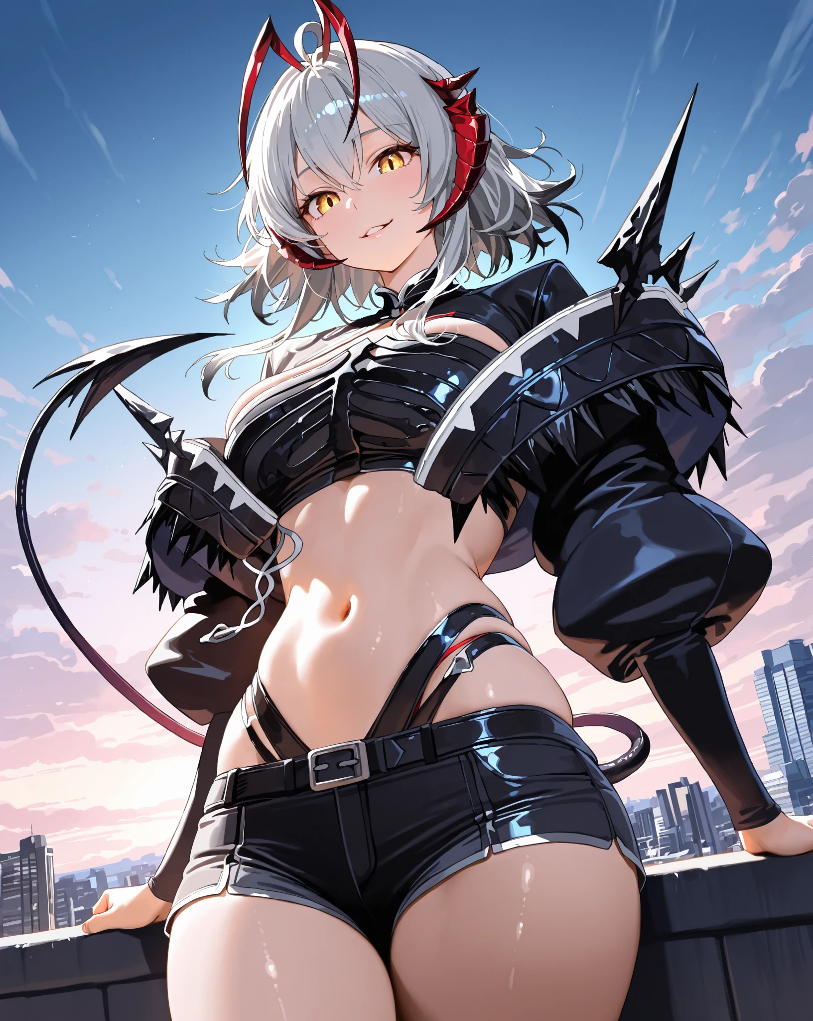 masterpiece,best quality,1girl,mature female,igawa sakura,demon girl,horns,white hair,dark skin,colored sclera,pink eyes,detached sleeves,armor,red skirt,black panties,black thighhighs,huge breasts,wide hips,thick thighs,grin,(blush),sweat,steaming body,floating,(from behind),<lora:IgawaSakuraV1_1>,