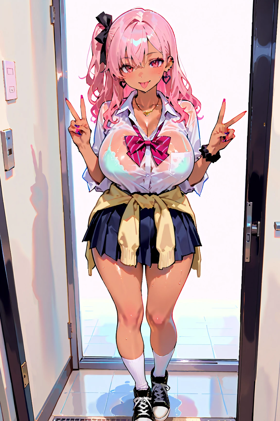 one woman, pink hair, gyaru, canine, aquamarine eyes, Double bun , navel, manicure, curly long hair, neat white uniform, piercer, smiling mouth, cleavage, cute, short pink skirt, very large breasts