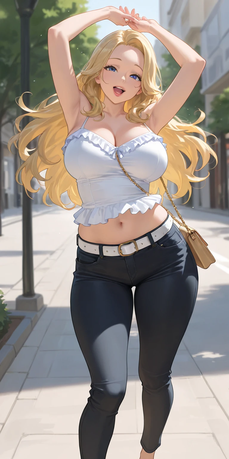 1girl, anime girl, anime, (dark skin), 2d girl, 18y, (fullbody), standing, anime girl, pensive, (blonde hair), ((black blouse)), Solo, Slim, large breasts, big , big Breasts, Tight Shorts, low waist shorts, upshorts, skyscrapers background, modern city, looking at viewer, darker shadows, (((Wedgie))), (((explicit))), (((shorts))), (((absurdres))), (((thigh gap))), (((cleft of venus))), (((lowleg shorts))), (((innie pussy))), (((inniepussy))), (((innie_pussy))),
