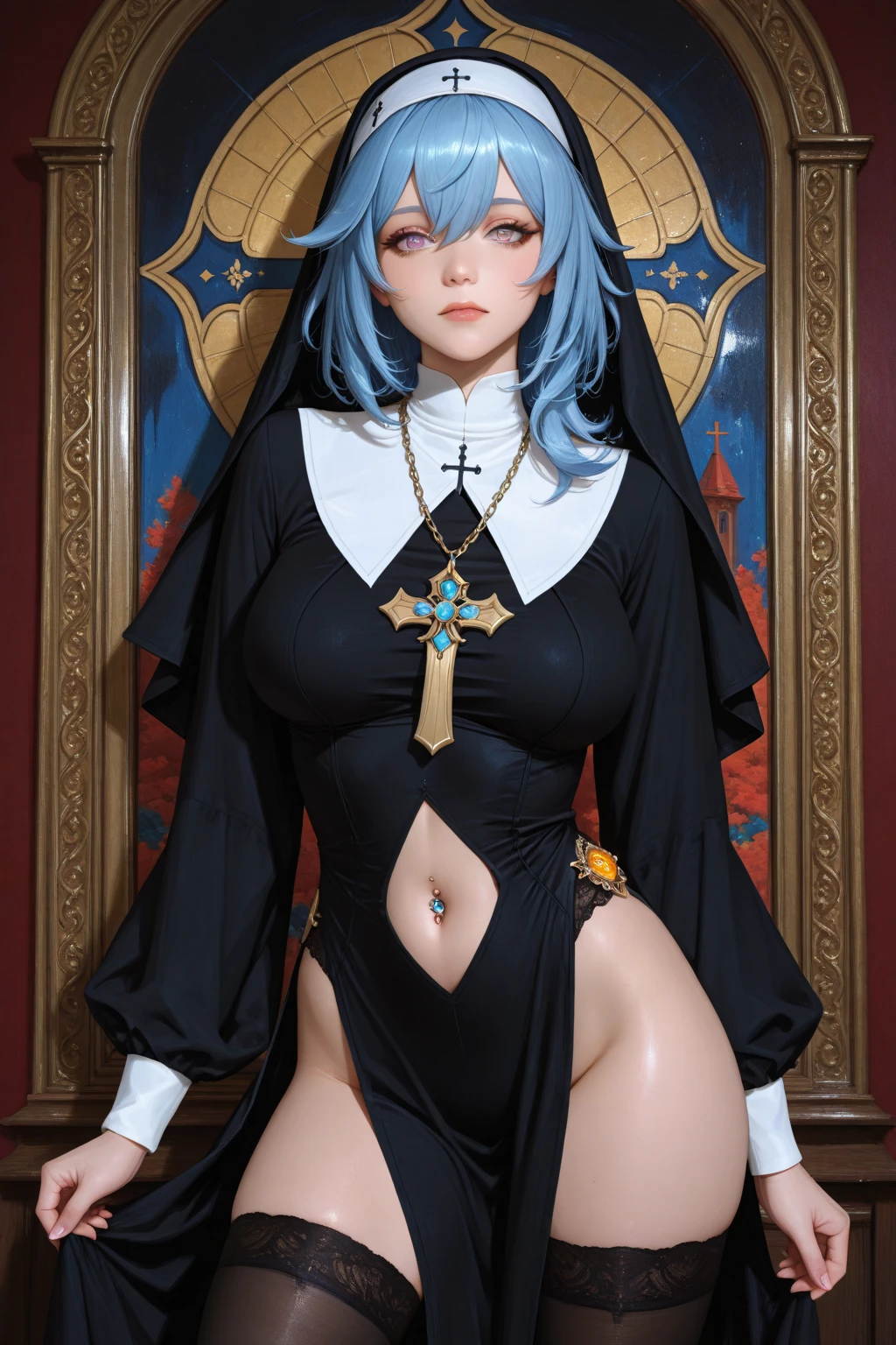((best quality)), ((Masterpiece)), (details), ((perfect face)),((Hair reaches the length of the legs.,light blue hair,ponytail)),beautiful,((blue eyes)),((perfect eyes,Red eyelids,lip makeup,red lips,charming,Fascinating,smile with love)),((very big breasts,Chest size 115,K cup breasts,fluffy chest)),((Black round female nun costume,Strapless dress,open chest,tits,open shoulder,thighs open,big thighs,decorate,earring,white stockings)),((high resolutionสุด,4k)),,collarbone, cute, Full HD, high resolution, High quality, High efficiency, PNG,((((perfect hand)))),((Look at the viewer.,looking with love)),((wallpapers)),fantasy world,((lady)),(sacred aura),((((beautiful,shy)))),in a private room